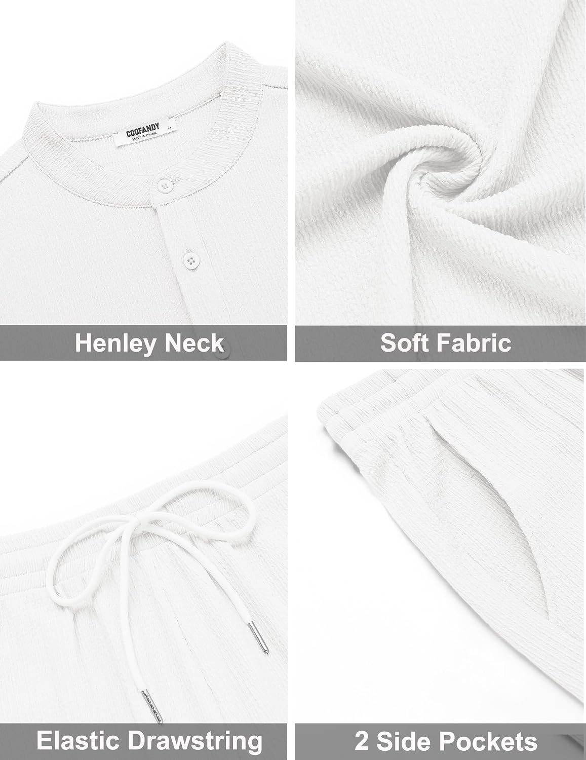 image:imageCOOFANDY Mens Summer Beach Outfits 2 Piece Casual Textured Henley Shirt and Shorts SetAwhite