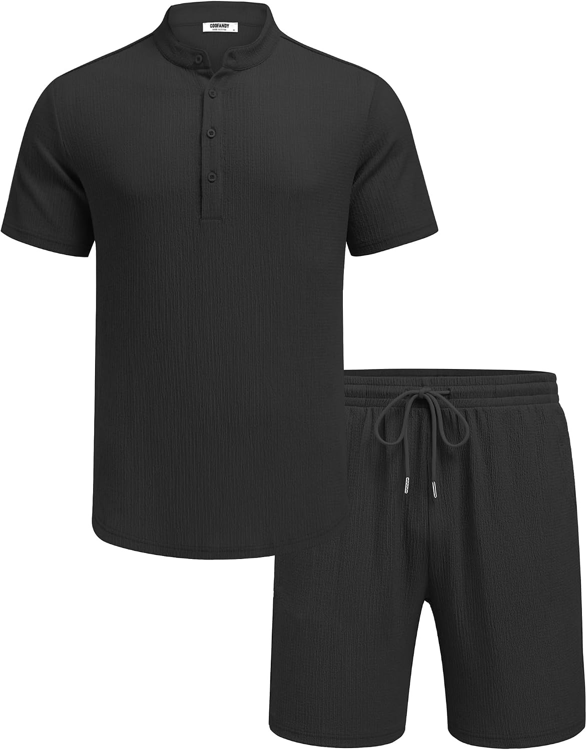 image:imageCOOFANDY Mens Summer Beach Outfits 2 Piece Casual Textured Henley Shirt and Shorts SetBlack