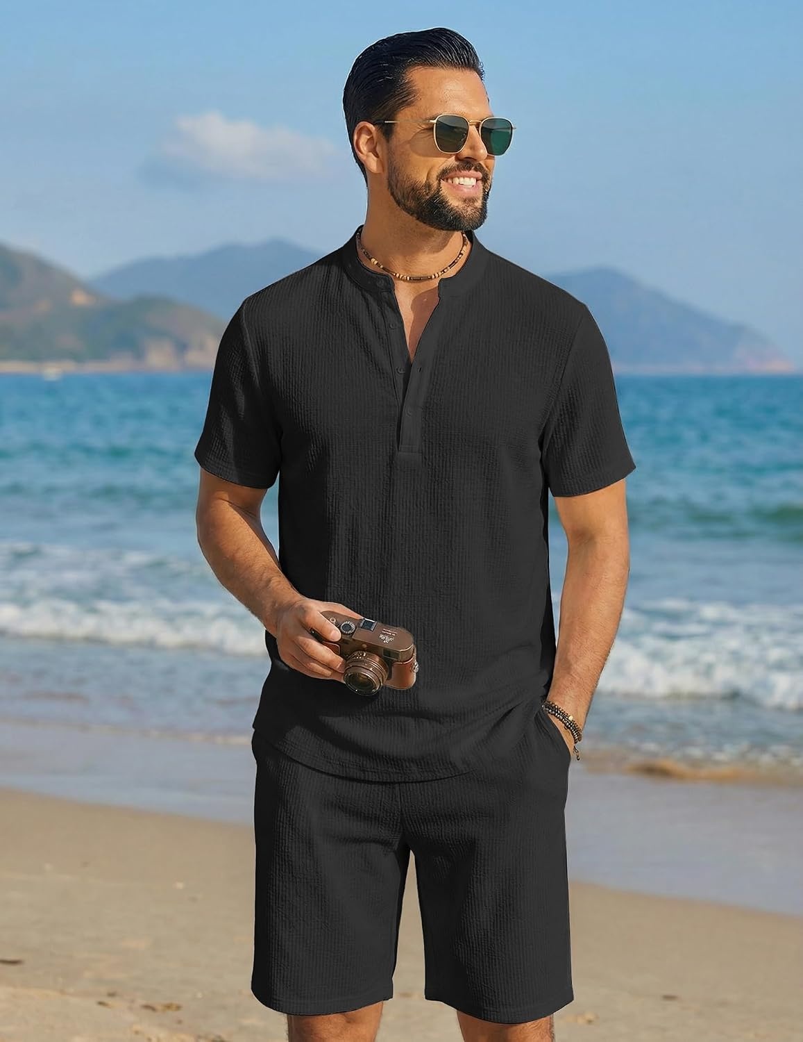image:imageCOOFANDY Mens Summer Beach Outfits 2 Piece Casual Textured Henley Shirt and Shorts SetBlack