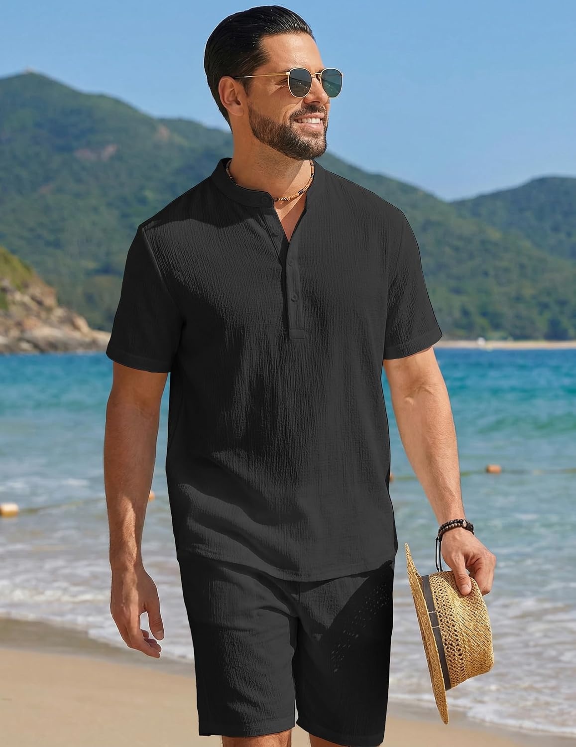 image:imageCOOFANDY Mens Summer Beach Outfits 2 Piece Casual Textured Henley Shirt and Shorts SetBlack