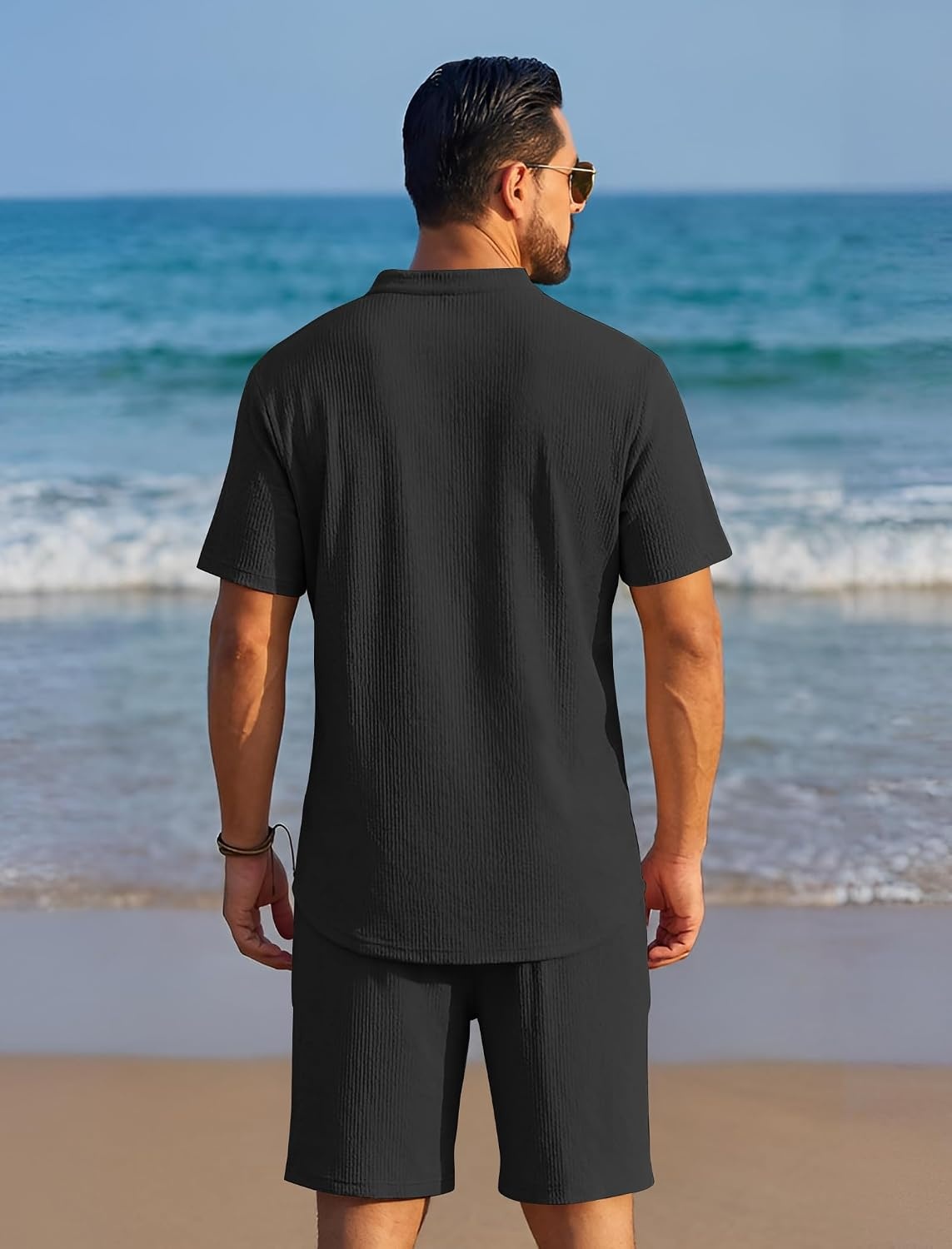 image:imageCOOFANDY Mens Summer Beach Outfits 2 Piece Casual Textured Henley Shirt and Shorts SetBlack