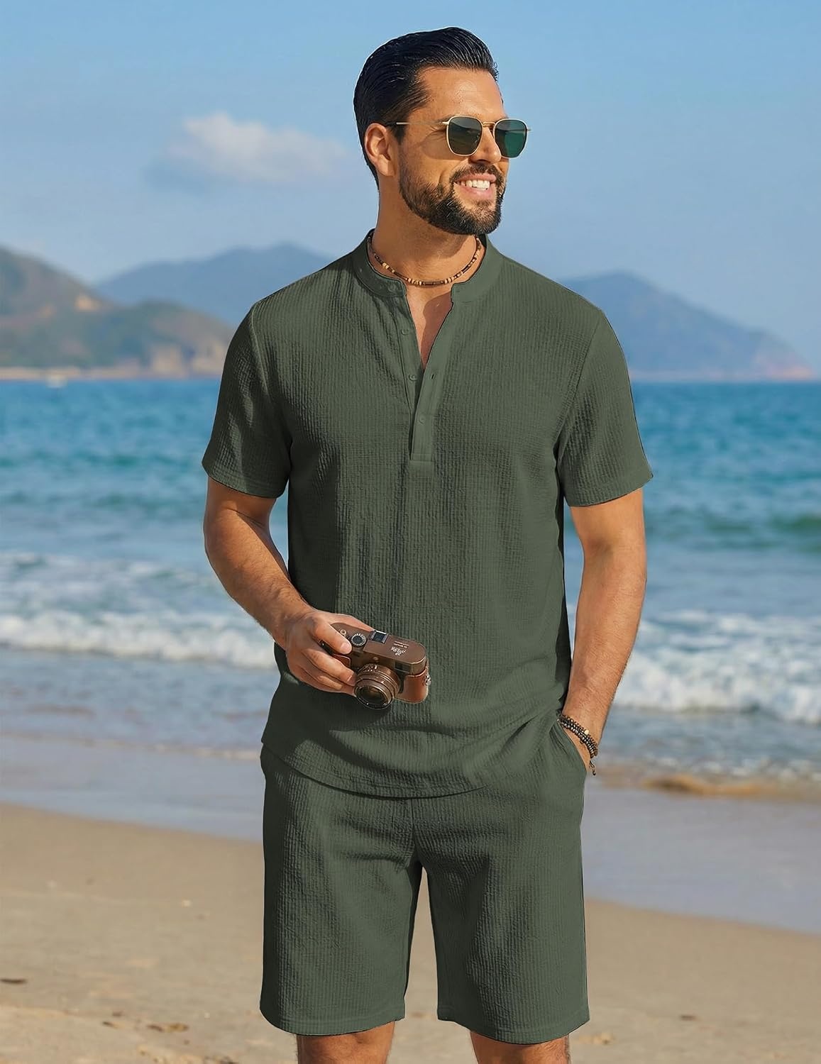 image:imageCOOFANDY Mens Summer Beach Outfits 2 Piece Casual Textured Henley Shirt and Shorts SetGreen