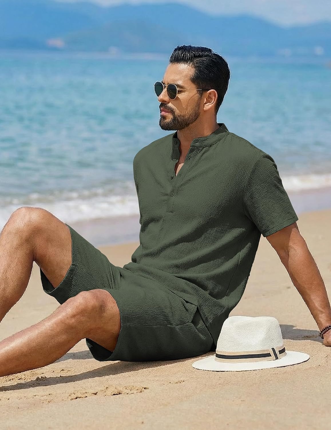image:imageCOOFANDY Mens Summer Beach Outfits 2 Piece Casual Textured Henley Shirt and Shorts SetGreen