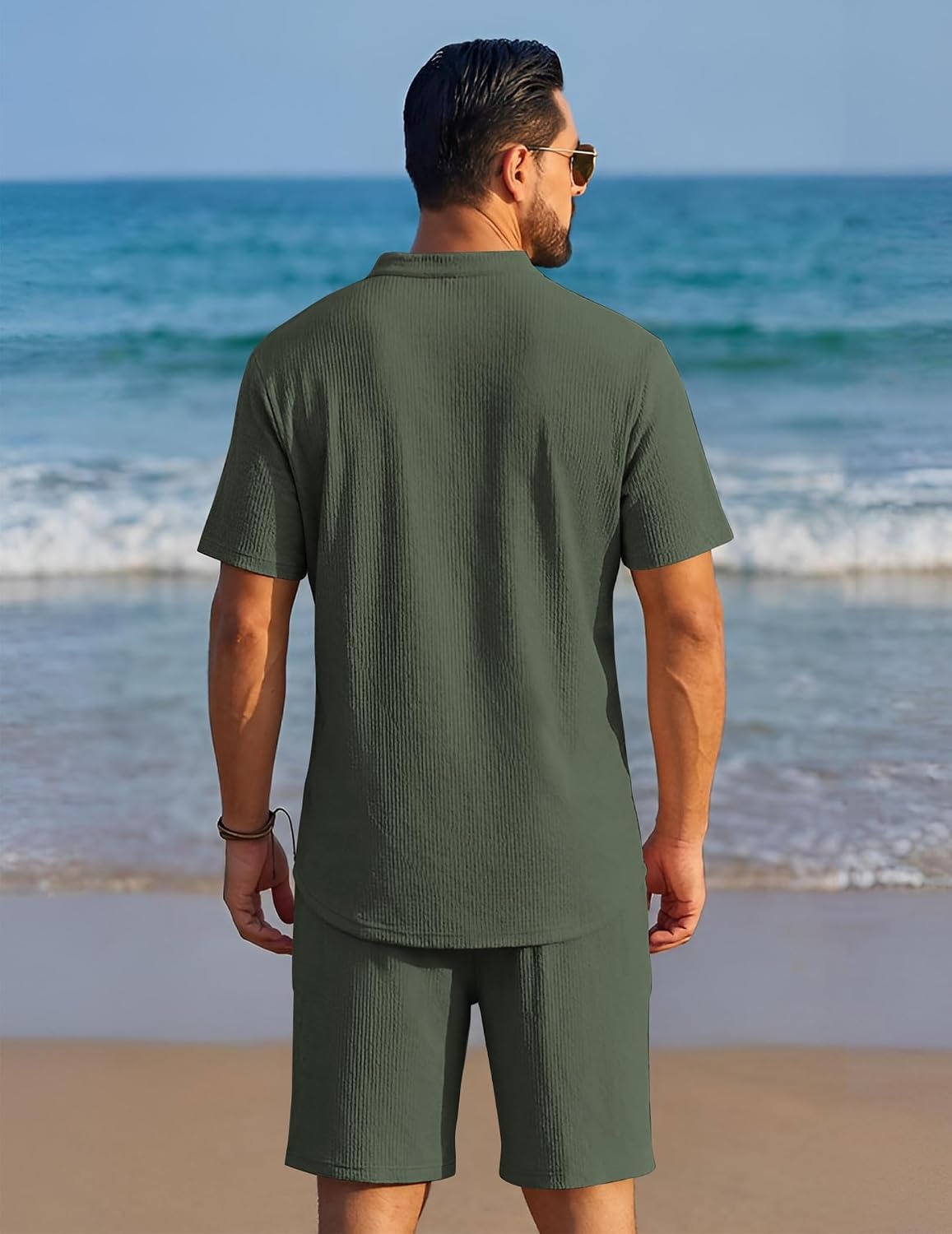 image:imageCOOFANDY Mens Summer Beach Outfits 2 Piece Casual Textured Henley Shirt and Shorts SetGreen