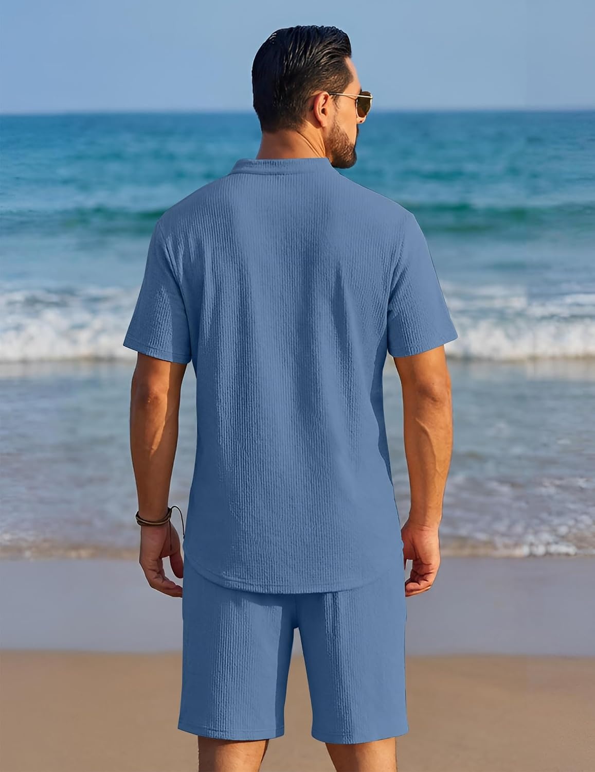 image:imageCOOFANDY Mens Summer Beach Outfits 2 Piece Casual Textured Henley Shirt and Shorts SetGrey Blue