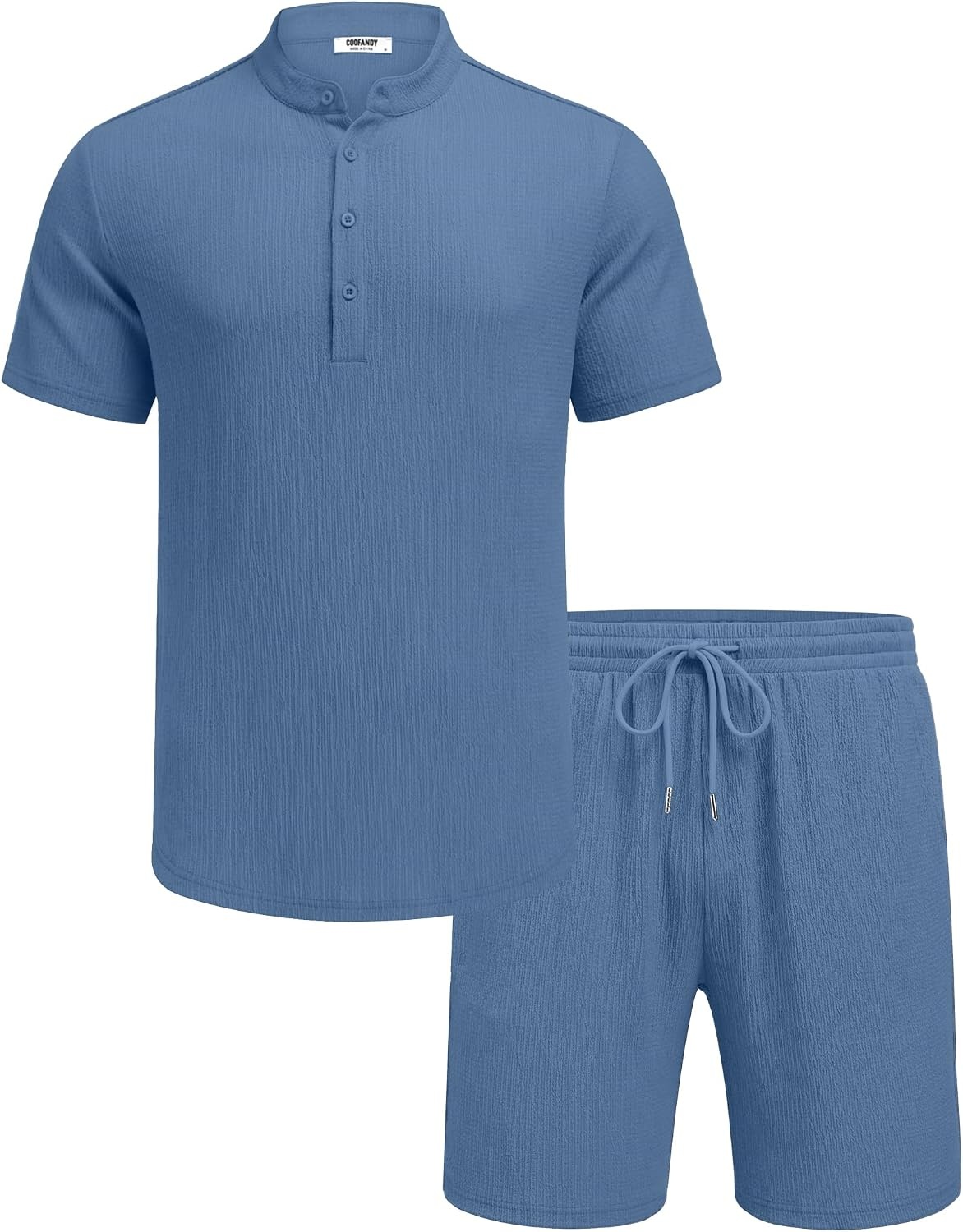 image:imageCOOFANDY Mens Summer Beach Outfits 2 Piece Casual Textured Henley Shirt and Shorts SetGrey Blue