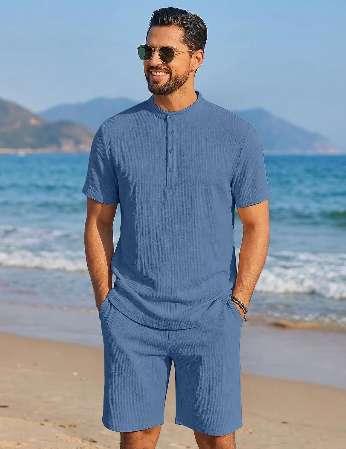 image:imageCOOFANDY Mens Summer Beach Outfits 2 Piece Casual Textured Henley Shirt and Shorts SetGrey Blue