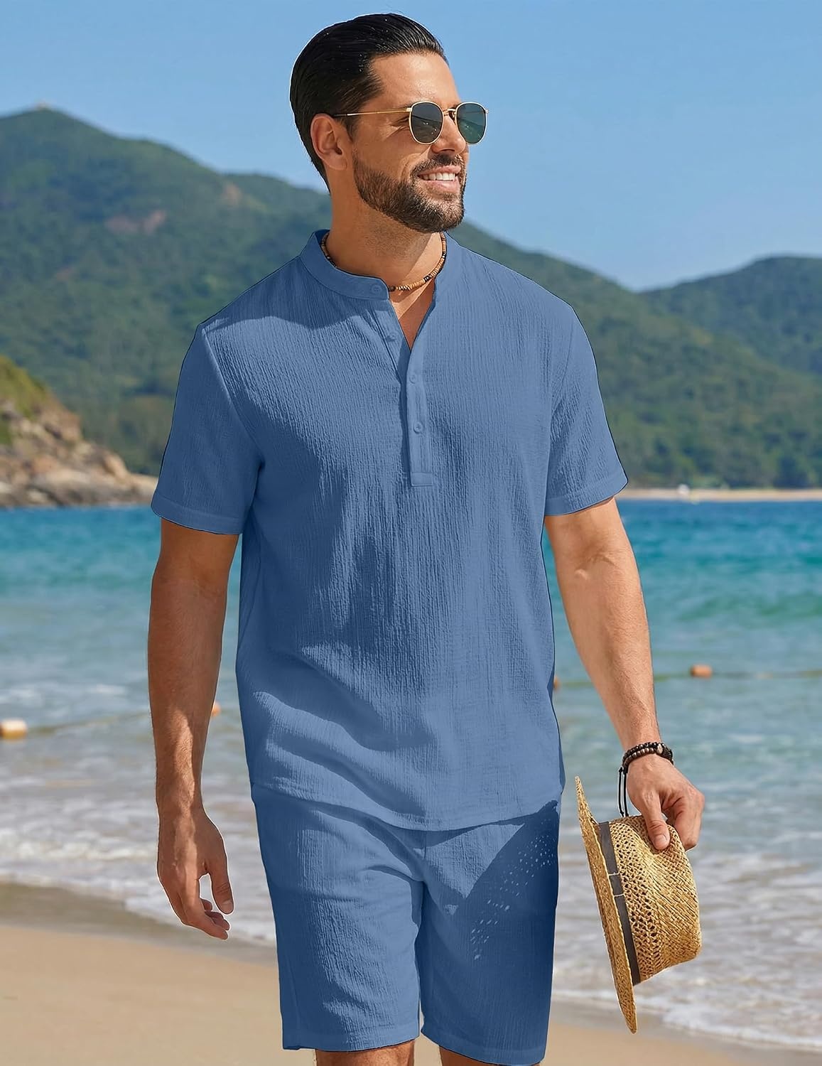 image:imageCOOFANDY Mens Summer Beach Outfits 2 Piece Casual Textured Henley Shirt and Shorts SetGrey Blue