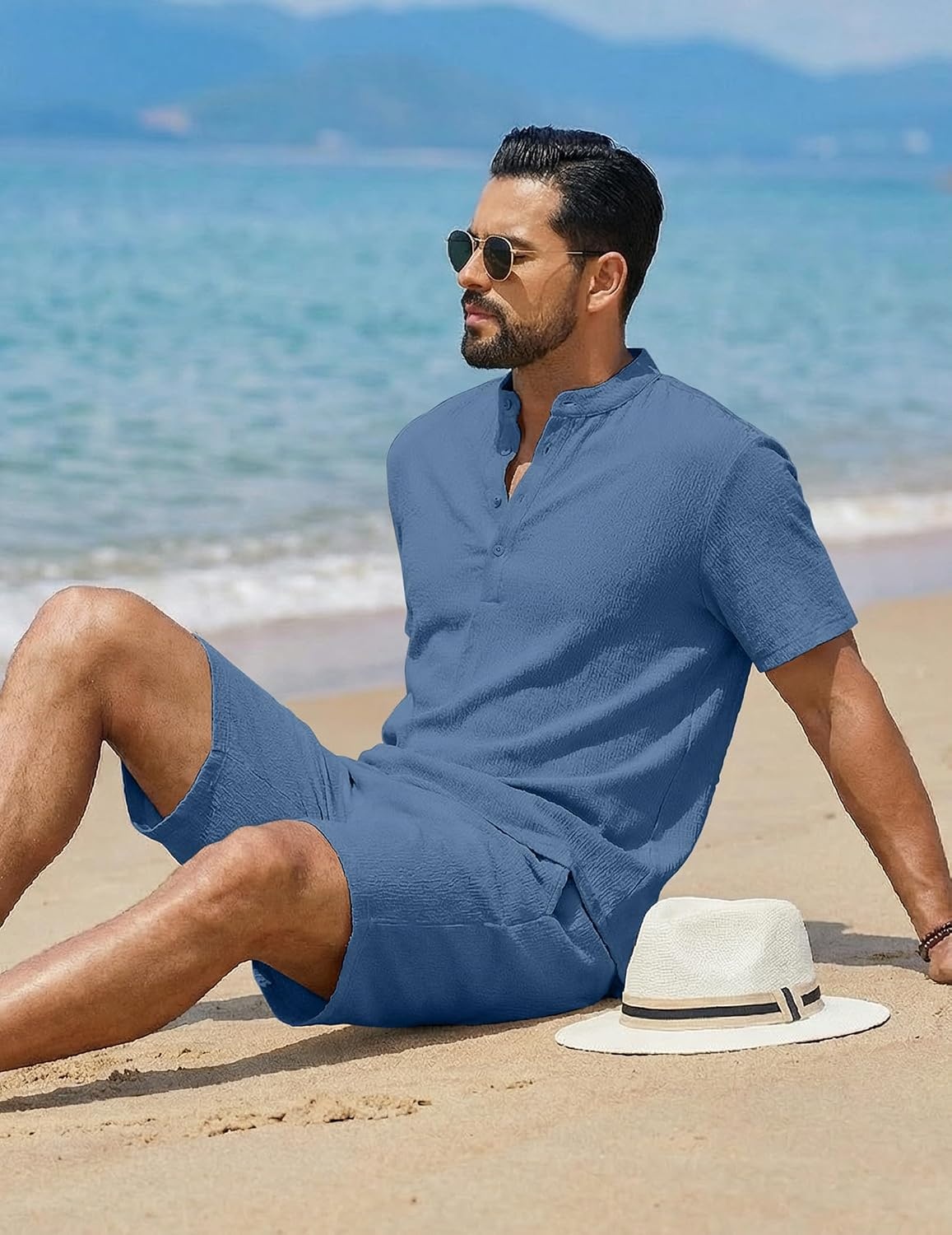 image:imageCOOFANDY Mens Summer Beach Outfits 2 Piece Casual Textured Henley Shirt and Shorts SetGrey Blue