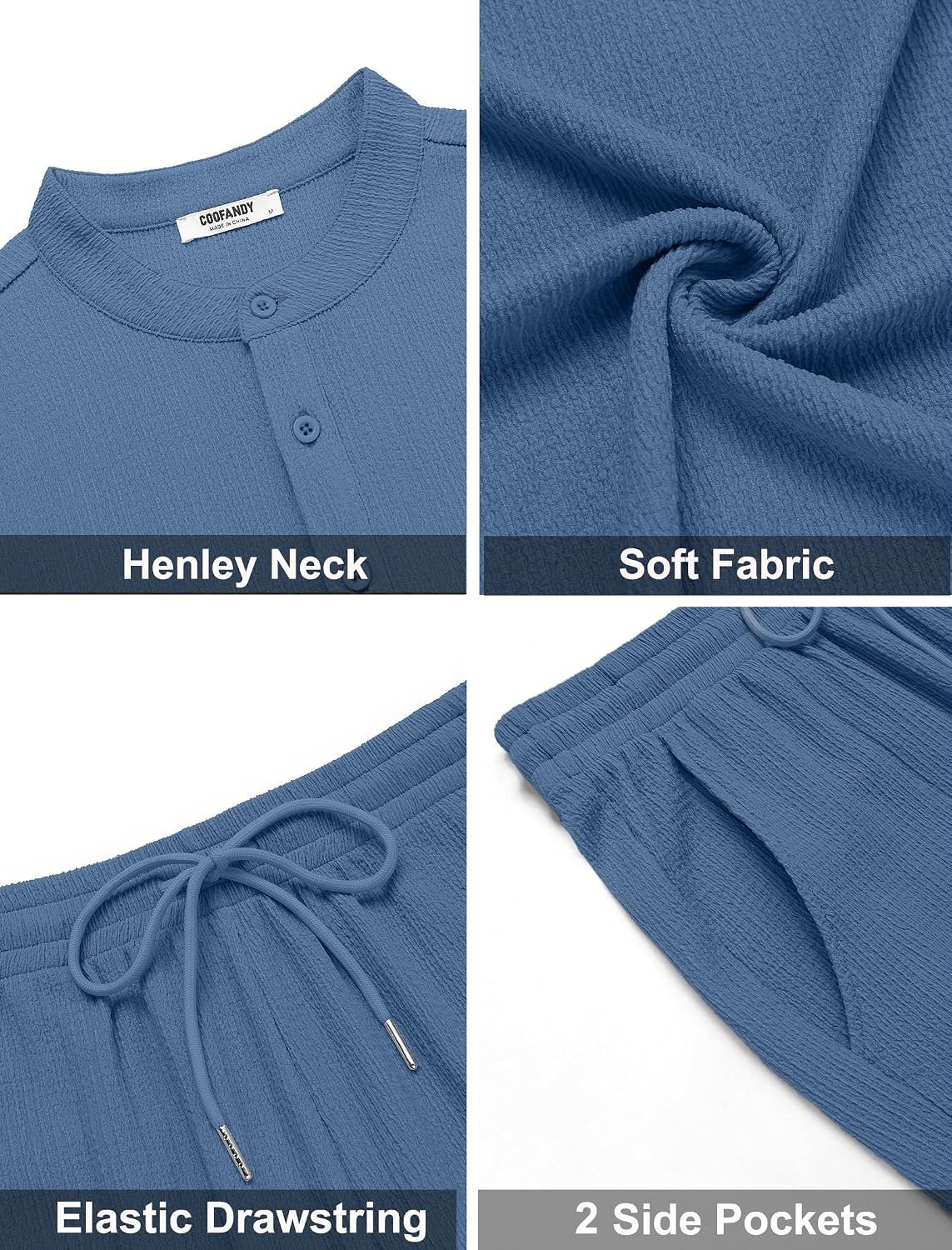 image:imageCOOFANDY Mens Summer Beach Outfits 2 Piece Casual Textured Henley Shirt and Shorts SetGrey Blue