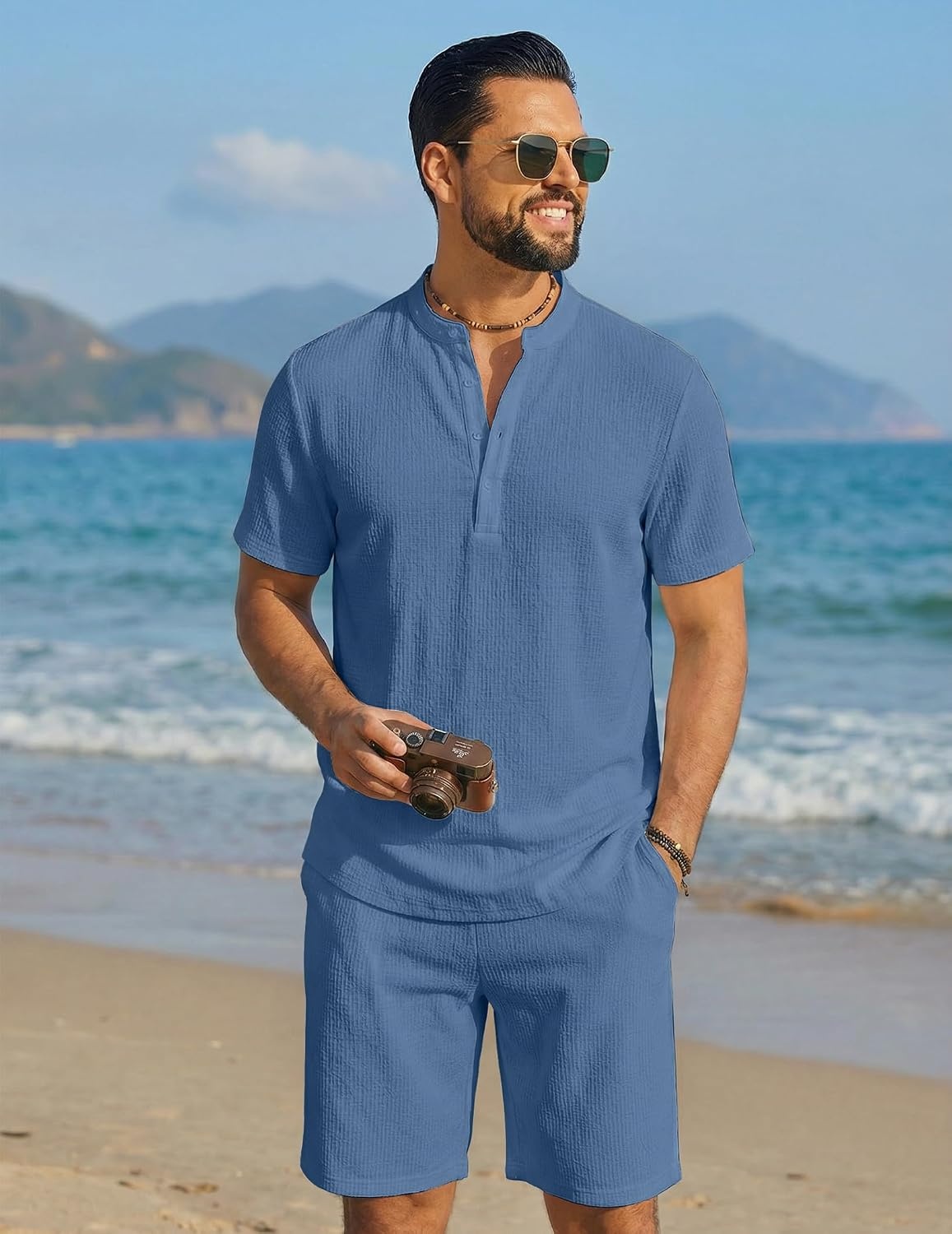 image:imageCOOFANDY Mens Summer Beach Outfits 2 Piece Casual Textured Henley Shirt and Shorts SetGrey Blue