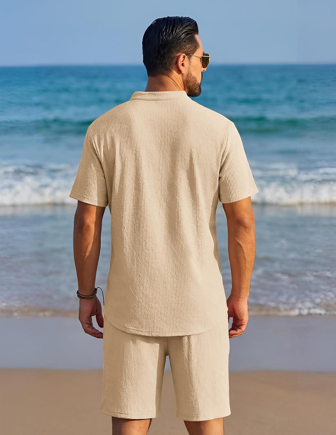 image:imageCOOFANDY Mens Summer Beach Outfits 2 Piece Casual Textured Henley Shirt and Shorts SetKhaki