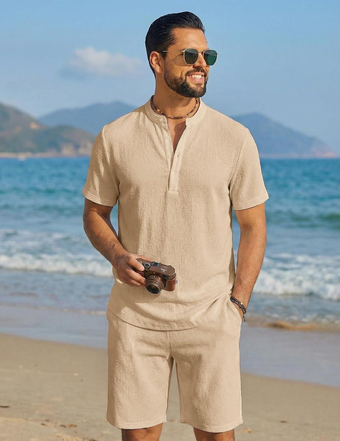 image:imageCOOFANDY Mens Summer Beach Outfits 2 Piece Casual Textured Henley Shirt and Shorts SetKhaki