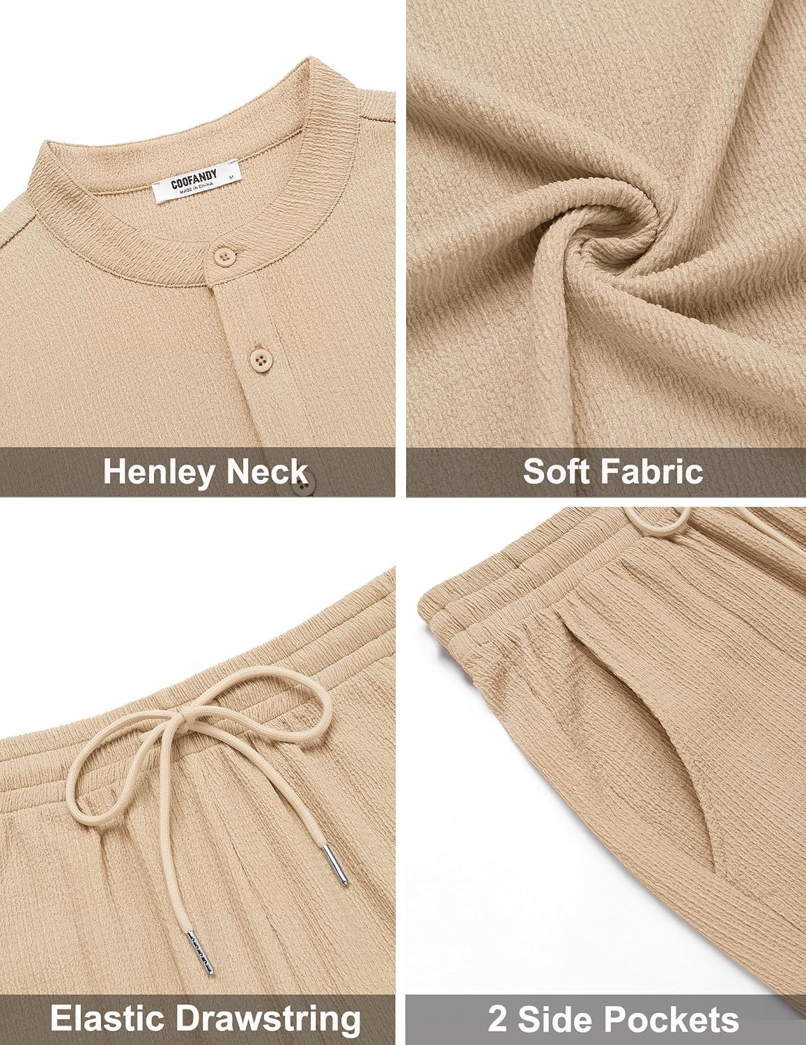 image:imageCOOFANDY Mens Summer Beach Outfits 2 Piece Casual Textured Henley Shirt and Shorts SetKhaki