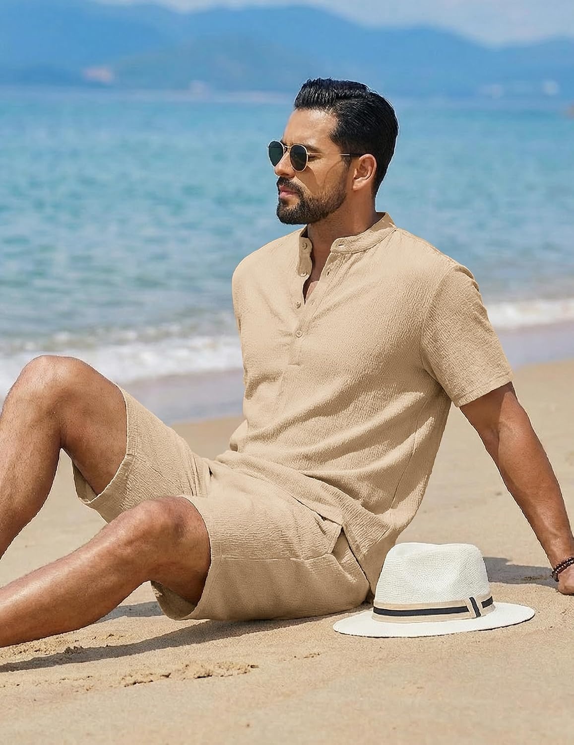 image:imageCOOFANDY Mens Summer Beach Outfits 2 Piece Casual Textured Henley Shirt and Shorts SetKhaki