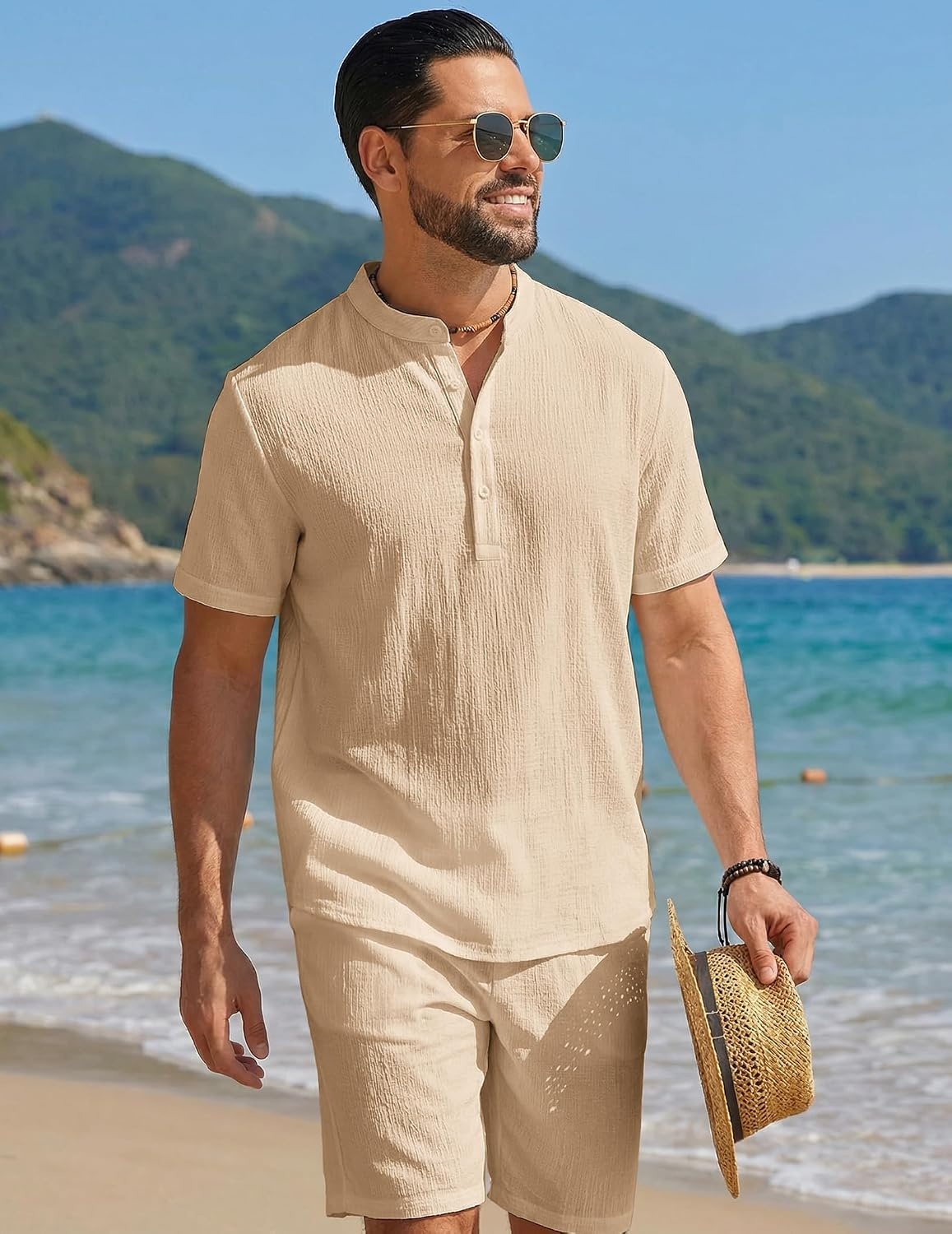 image:imageCOOFANDY Mens Summer Beach Outfits 2 Piece Casual Textured Henley Shirt and Shorts SetKhaki