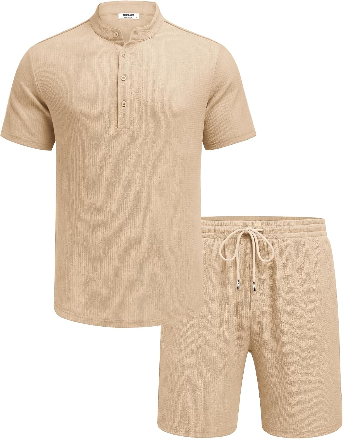 image:imageCOOFANDY Mens Summer Beach Outfits 2 Piece Casual Textured Henley Shirt and Shorts SetKhaki