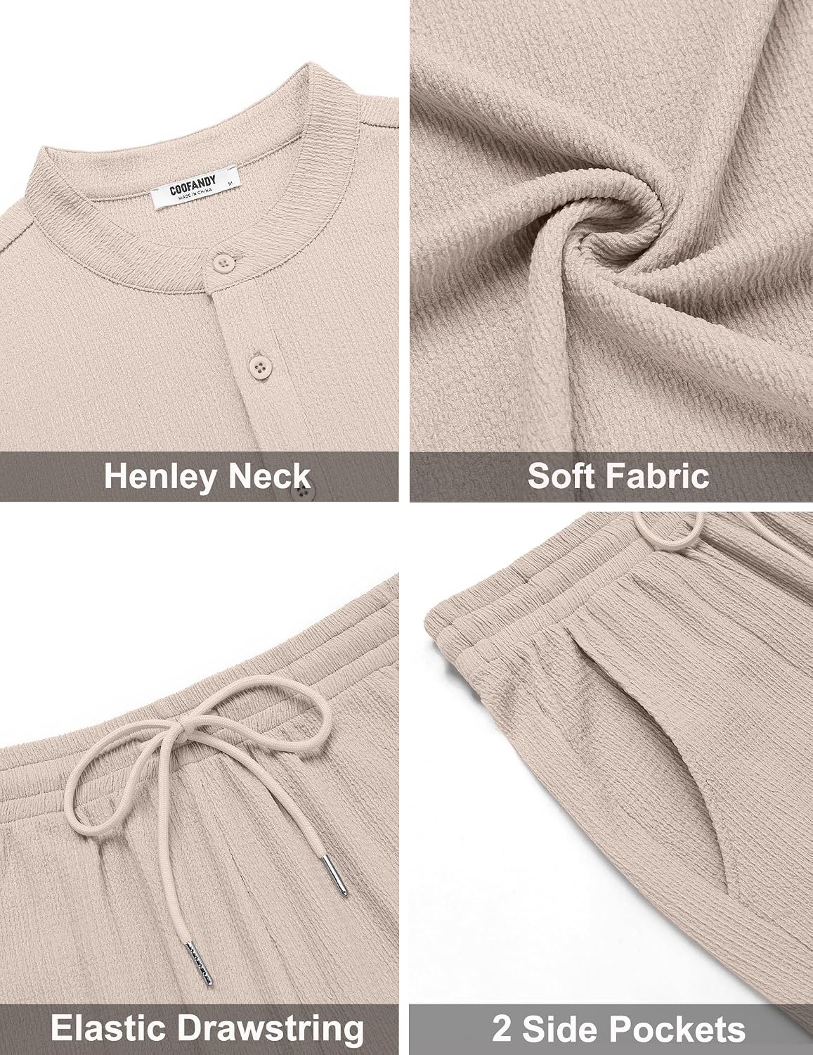 image:imageCOOFANDY Mens Summer Beach Outfits 2 Piece Casual Textured Henley Shirt and Shorts SetMoon Grey