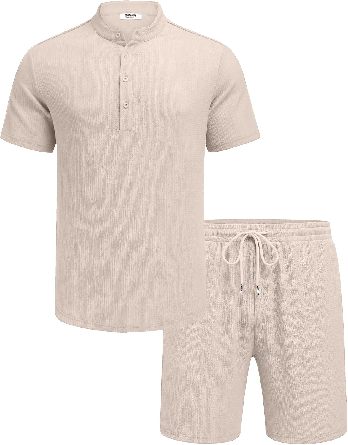 image:imageCOOFANDY Mens Summer Beach Outfits 2 Piece Casual Textured Henley Shirt and Shorts SetMoon Grey