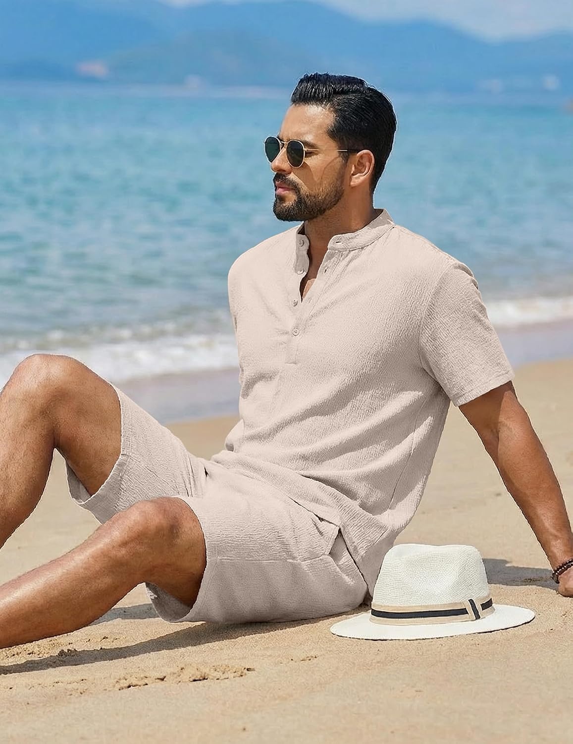 image:imageCOOFANDY Mens Summer Beach Outfits 2 Piece Casual Textured Henley Shirt and Shorts SetMoon Grey