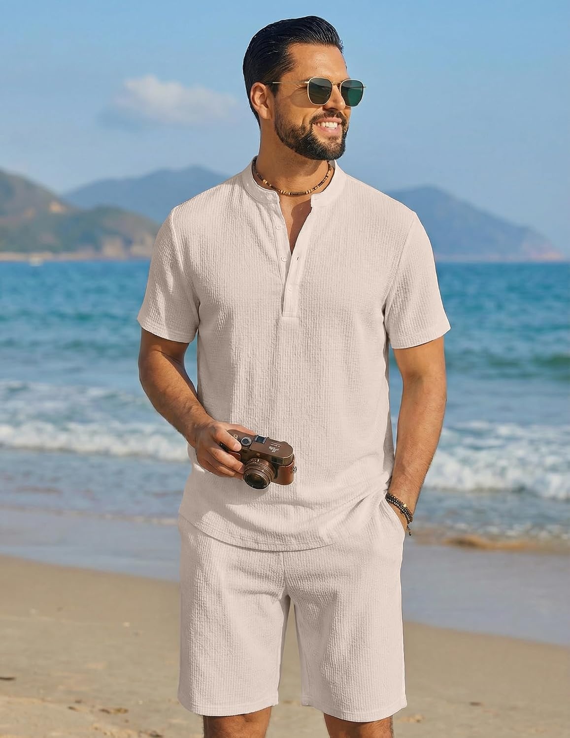 image:imageCOOFANDY Mens Summer Beach Outfits 2 Piece Casual Textured Henley Shirt and Shorts SetMoon Grey