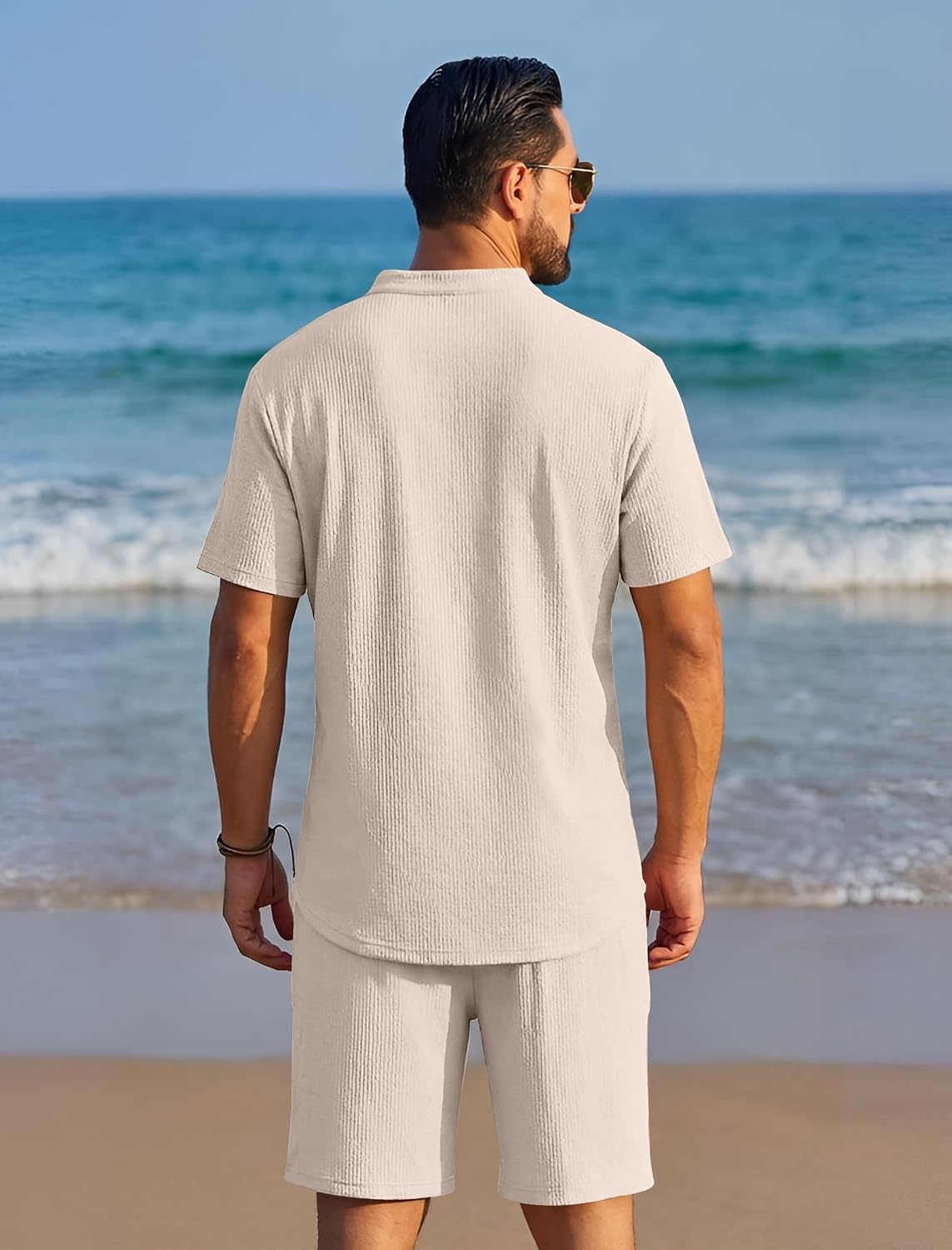 image:imageCOOFANDY Mens Summer Beach Outfits 2 Piece Casual Textured Henley Shirt and Shorts SetMoon Grey