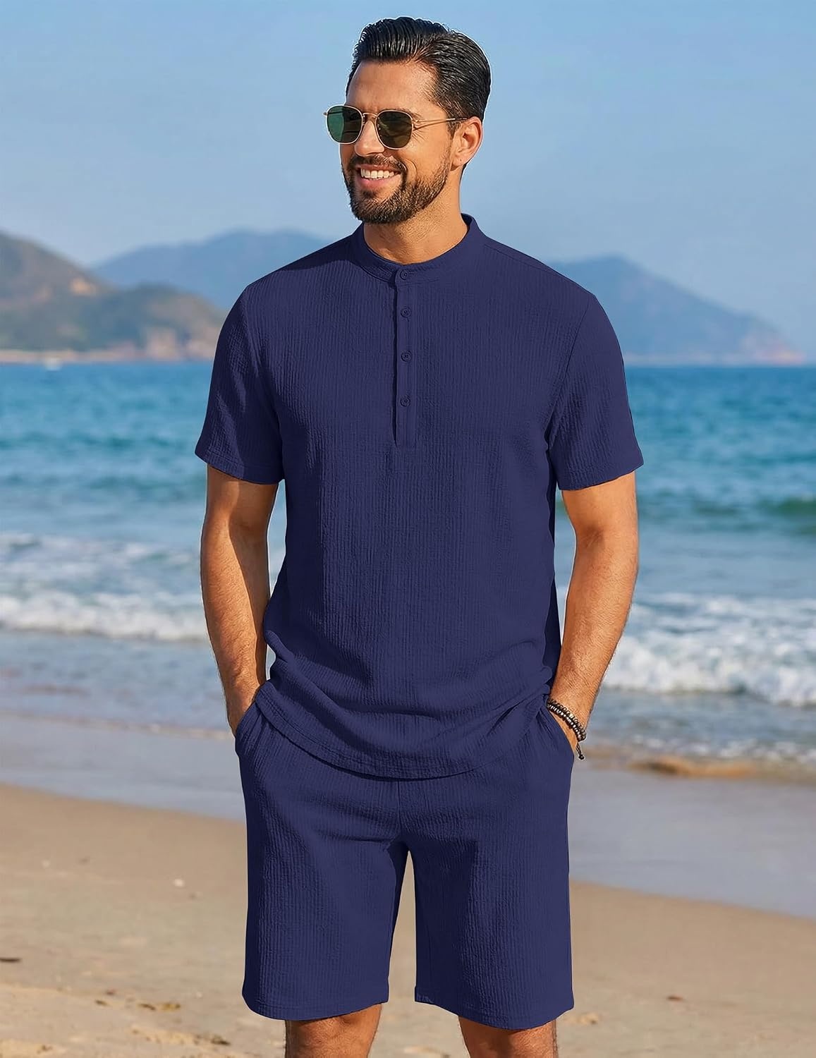image:imageCOOFANDY Mens Summer Beach Outfits 2 Piece Casual Textured Henley Shirt and Shorts SetNavy Blue