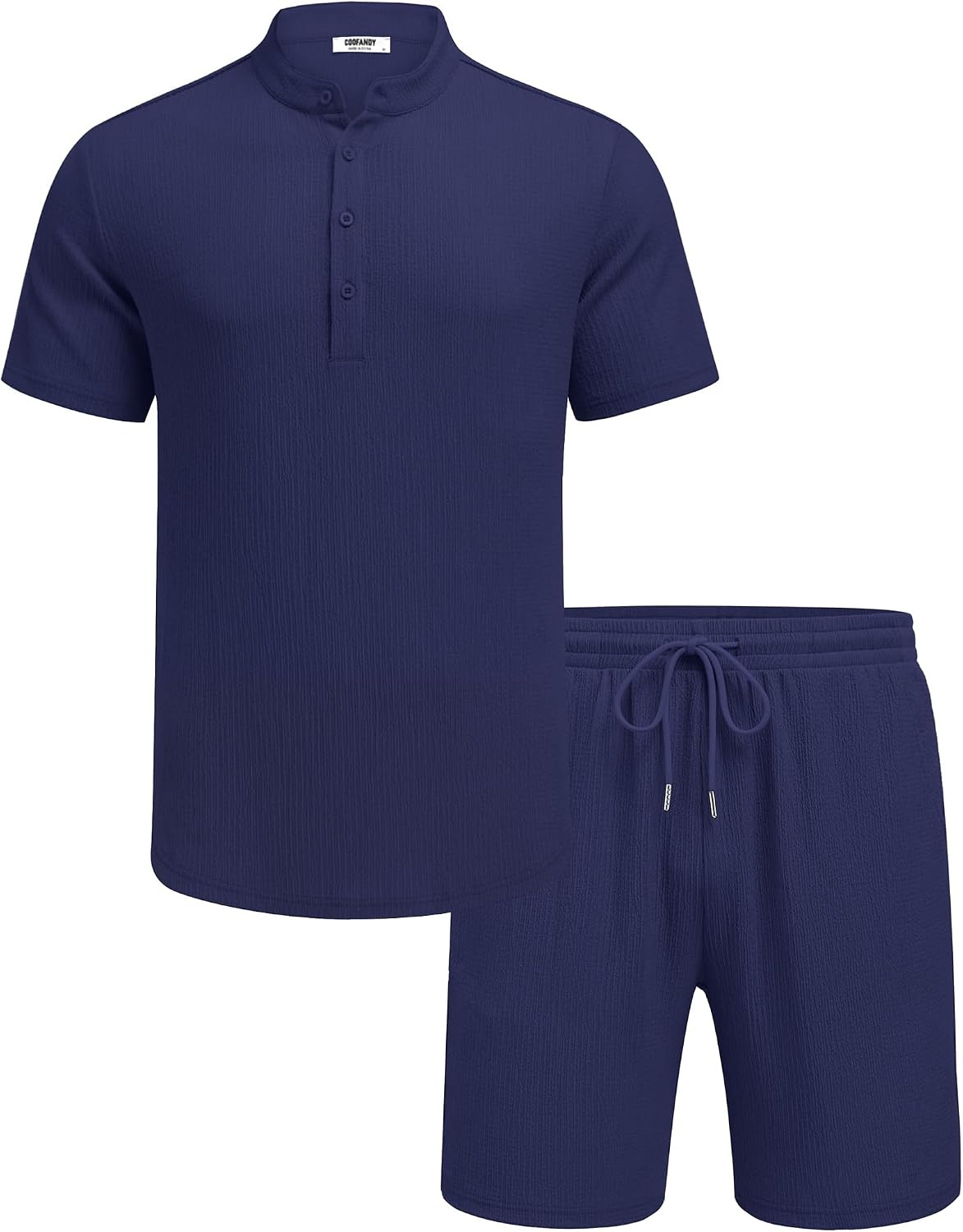 image:imageCOOFANDY Mens Summer Beach Outfits 2 Piece Casual Textured Henley Shirt and Shorts SetNavy Blue