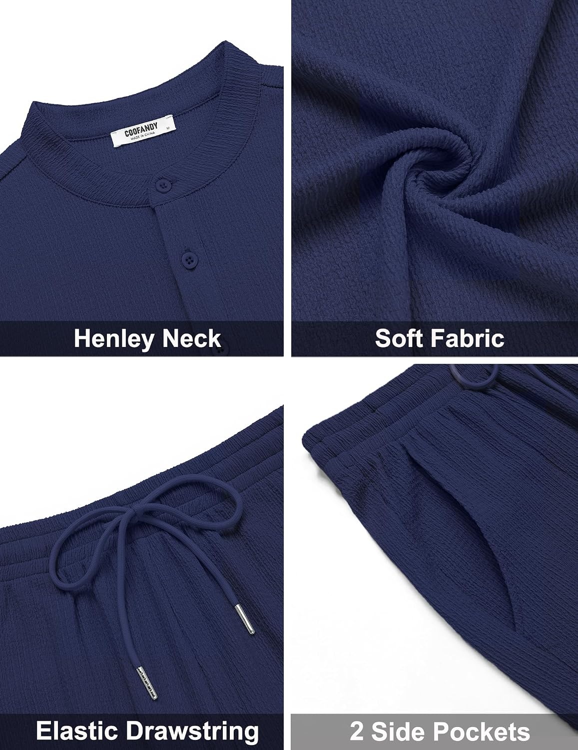 image:imageCOOFANDY Mens Summer Beach Outfits 2 Piece Casual Textured Henley Shirt and Shorts SetNavy Blue