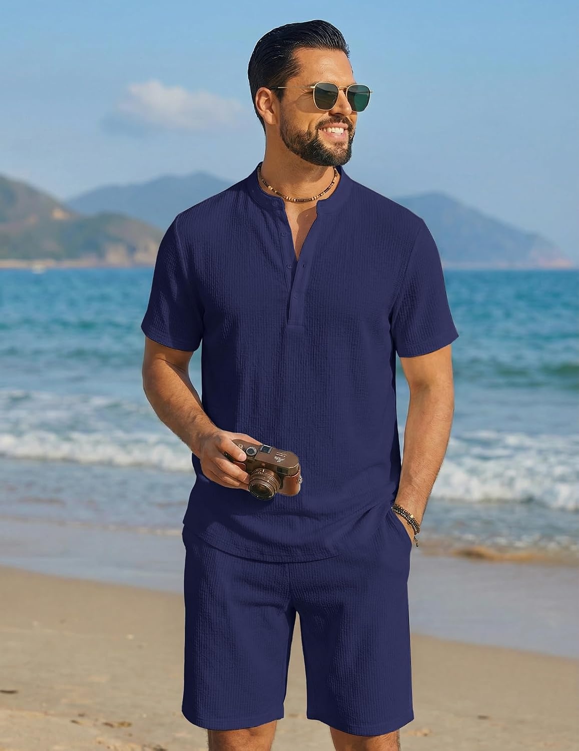 image:imageCOOFANDY Mens Summer Beach Outfits 2 Piece Casual Textured Henley Shirt and Shorts SetNavy Blue