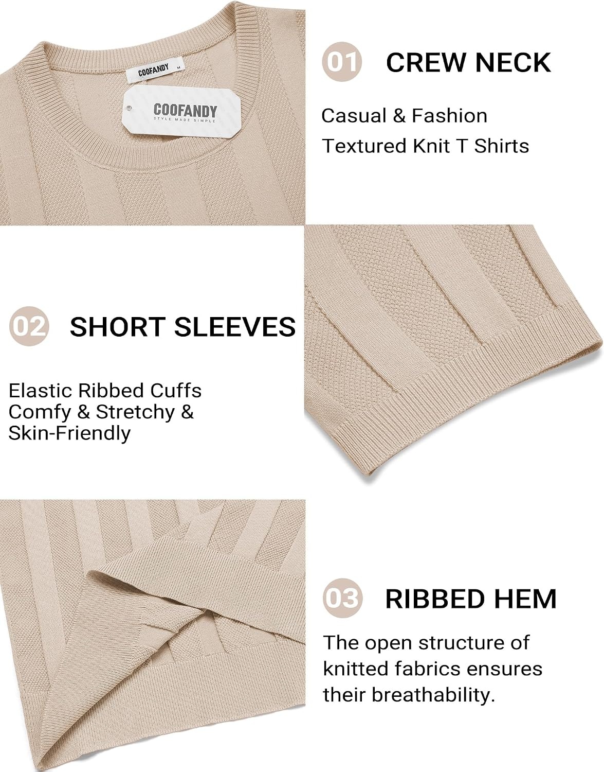 image:imageCOOFANDY Mens TShirts Short Sleeve Knit Shirt Crew Neck Sweater Fashion Casual Textured Pullover Tees02light Khaki