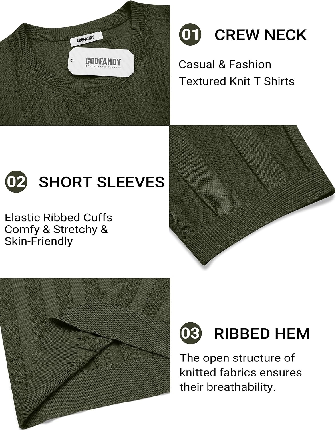 image:imageCOOFANDY Mens TShirts Short Sleeve Knit Shirt Crew Neck Sweater Fashion Casual Textured Pullover TeesArmy Green