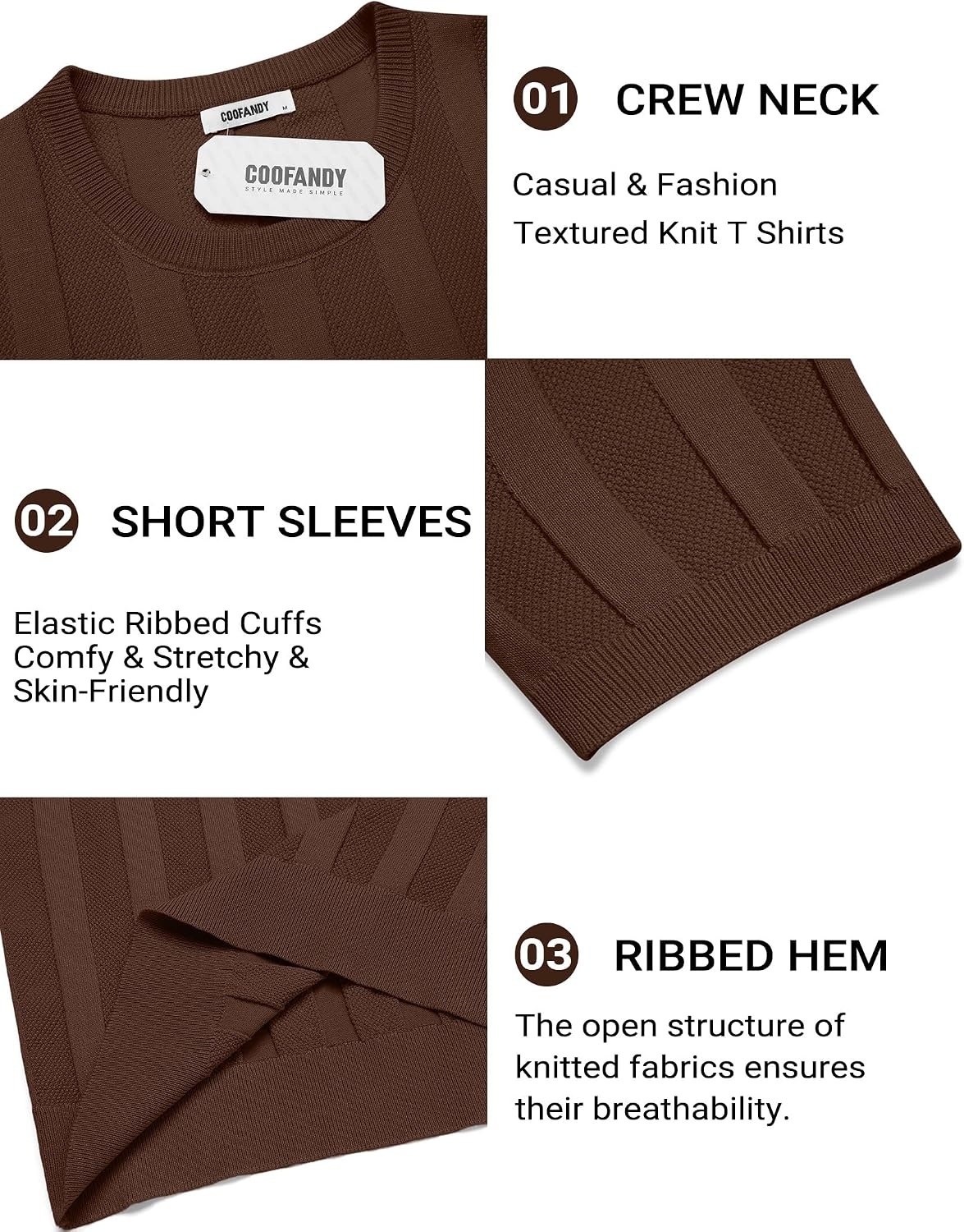 image:imageCOOFANDY Mens TShirts Short Sleeve Knit Shirt Crew Neck Sweater Fashion Casual Textured Pullover TeesBrown