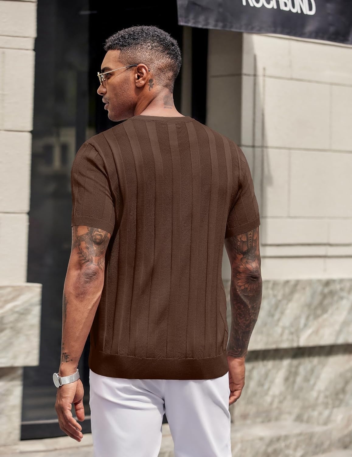 image:imageCOOFANDY Mens TShirts Short Sleeve Knit Shirt Crew Neck Sweater Fashion Casual Textured Pullover TeesBrown
