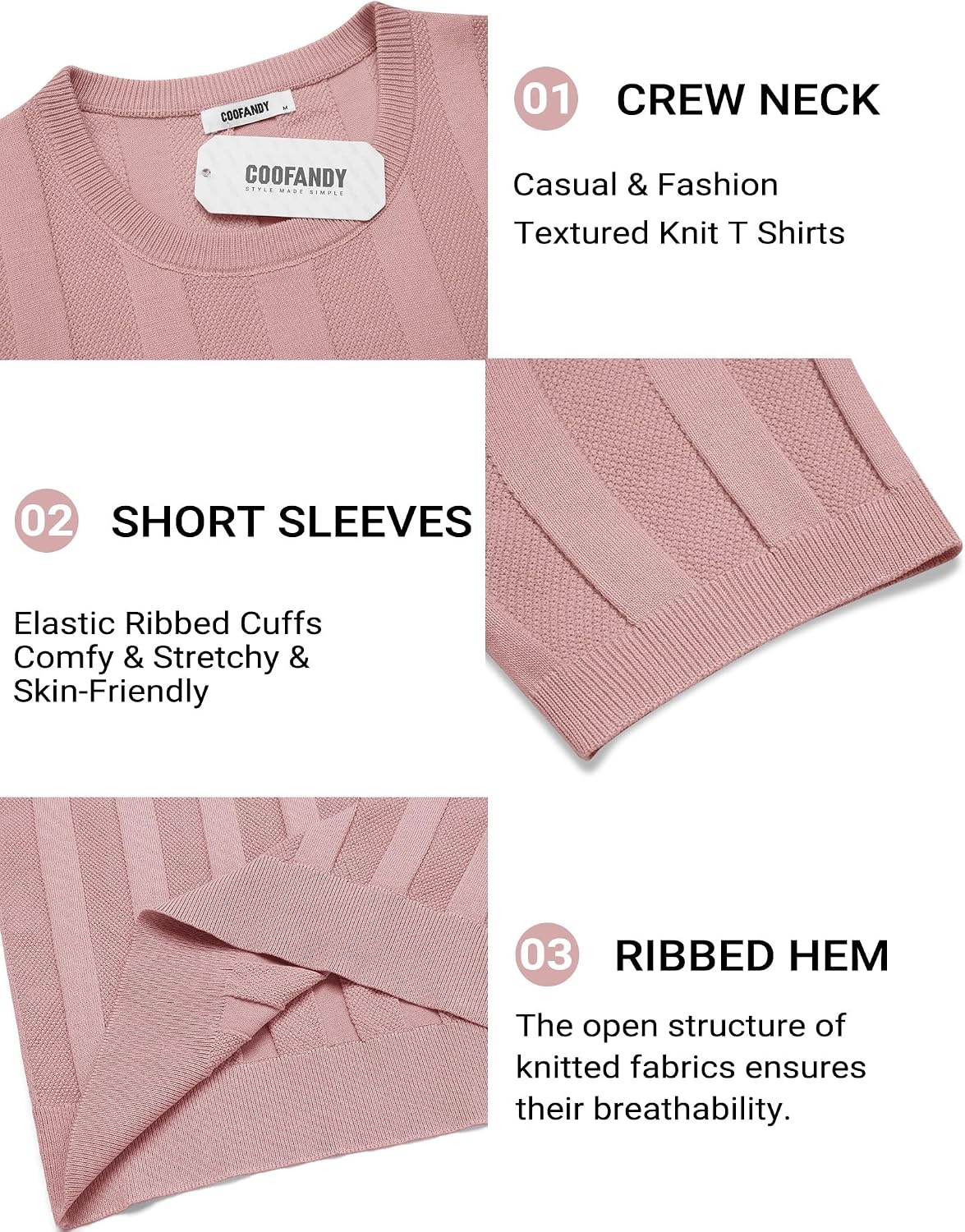 image:imageCOOFANDY Mens TShirts Short Sleeve Knit Shirt Crew Neck Sweater Fashion Casual Textured Pullover TeesLight Pink