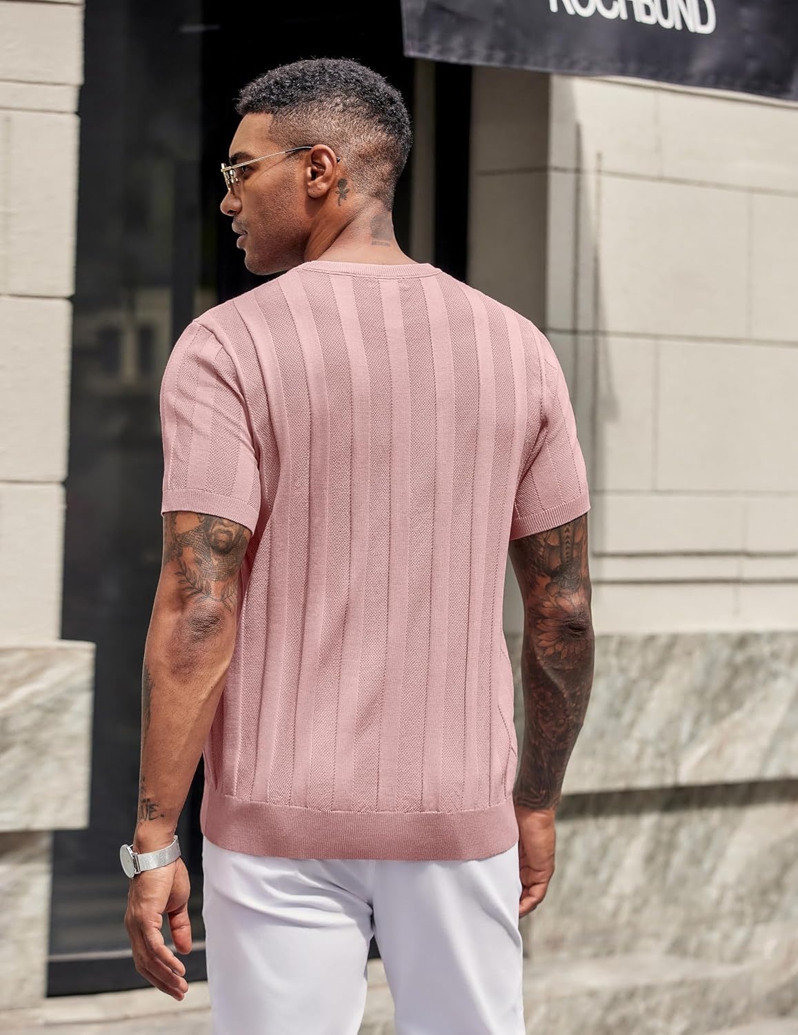 image:imageCOOFANDY Mens TShirts Short Sleeve Knit Shirt Crew Neck Sweater Fashion Casual Textured Pullover TeesLight Pink