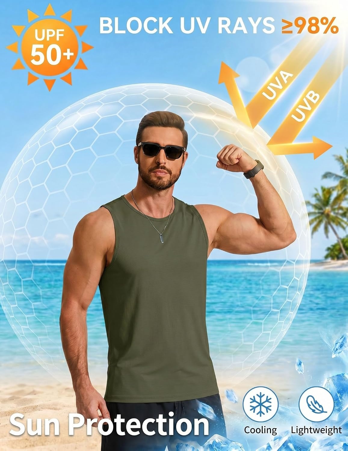 image:imageCOOFANDY Mens Workout Gym Tank Tops Quick Dry Muscle Sleeveless Shirts UPF 50 Running Summer Beach Athletic Swim ShirtArmy Green