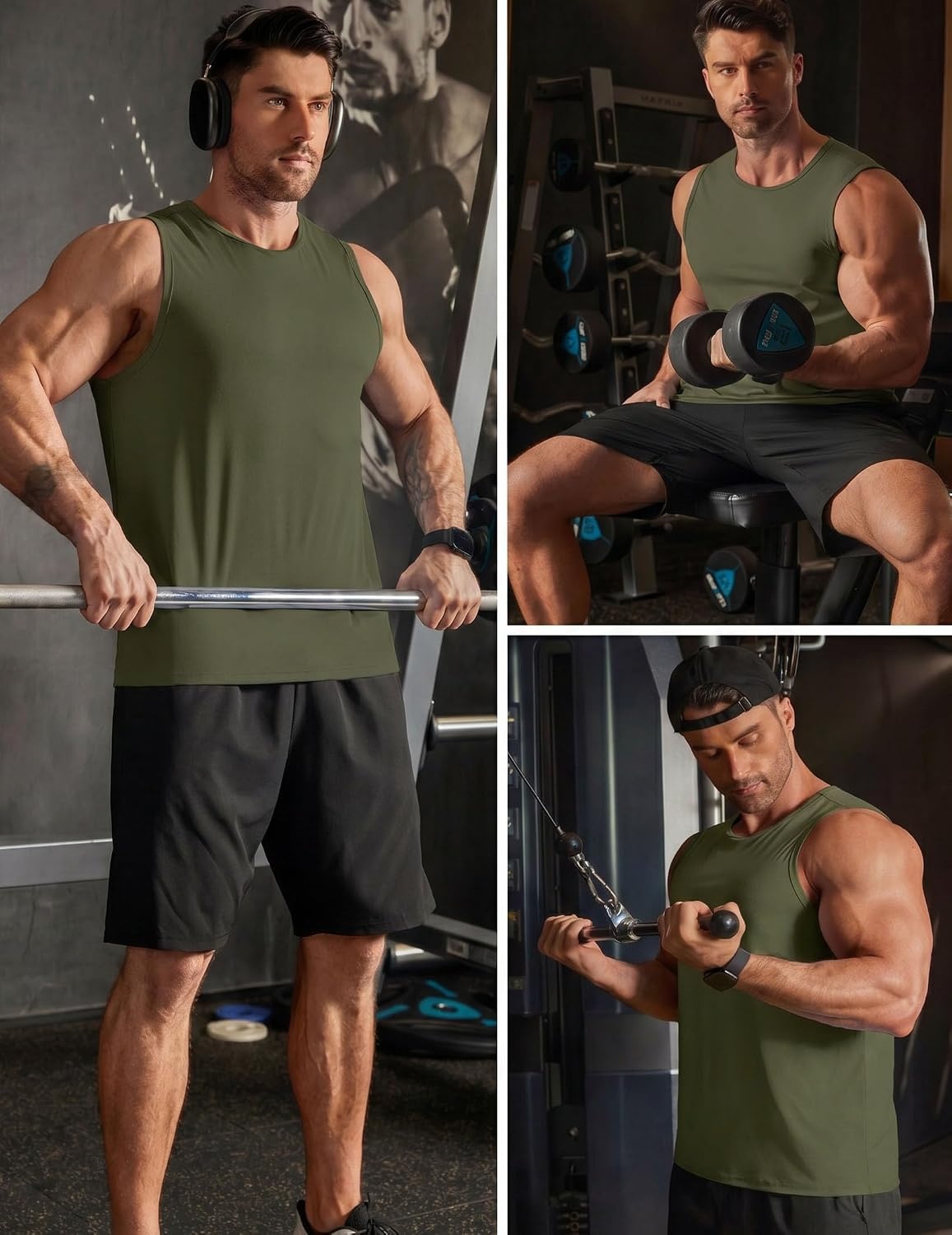 image:imageCOOFANDY Mens Workout Gym Tank Tops Quick Dry Muscle Sleeveless Shirts UPF 50 Running Summer Beach Athletic Swim ShirtArmy Green