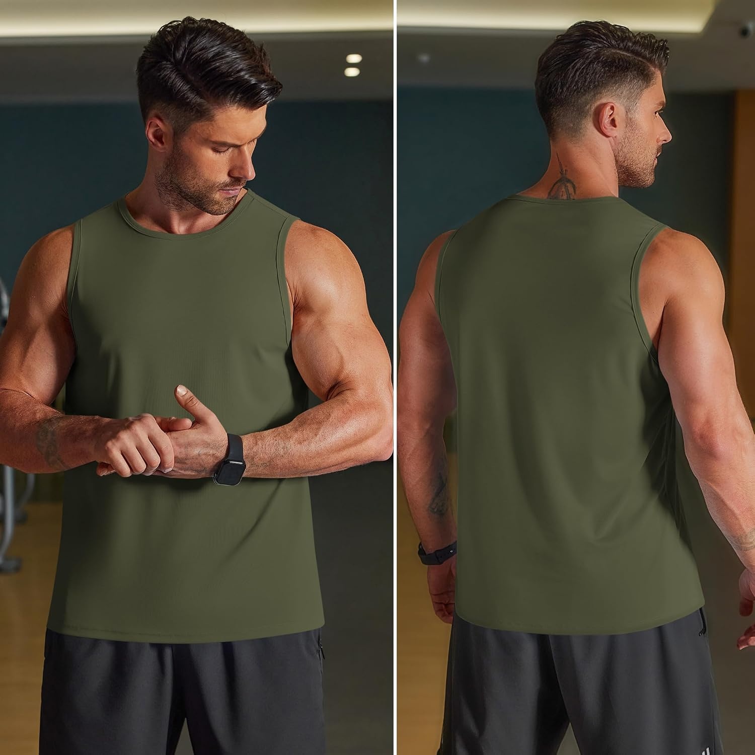 image:imageCOOFANDY Mens Workout Gym Tank Tops Quick Dry Muscle Sleeveless Shirts UPF 50 Running Summer Beach Athletic Swim ShirtArmy Green