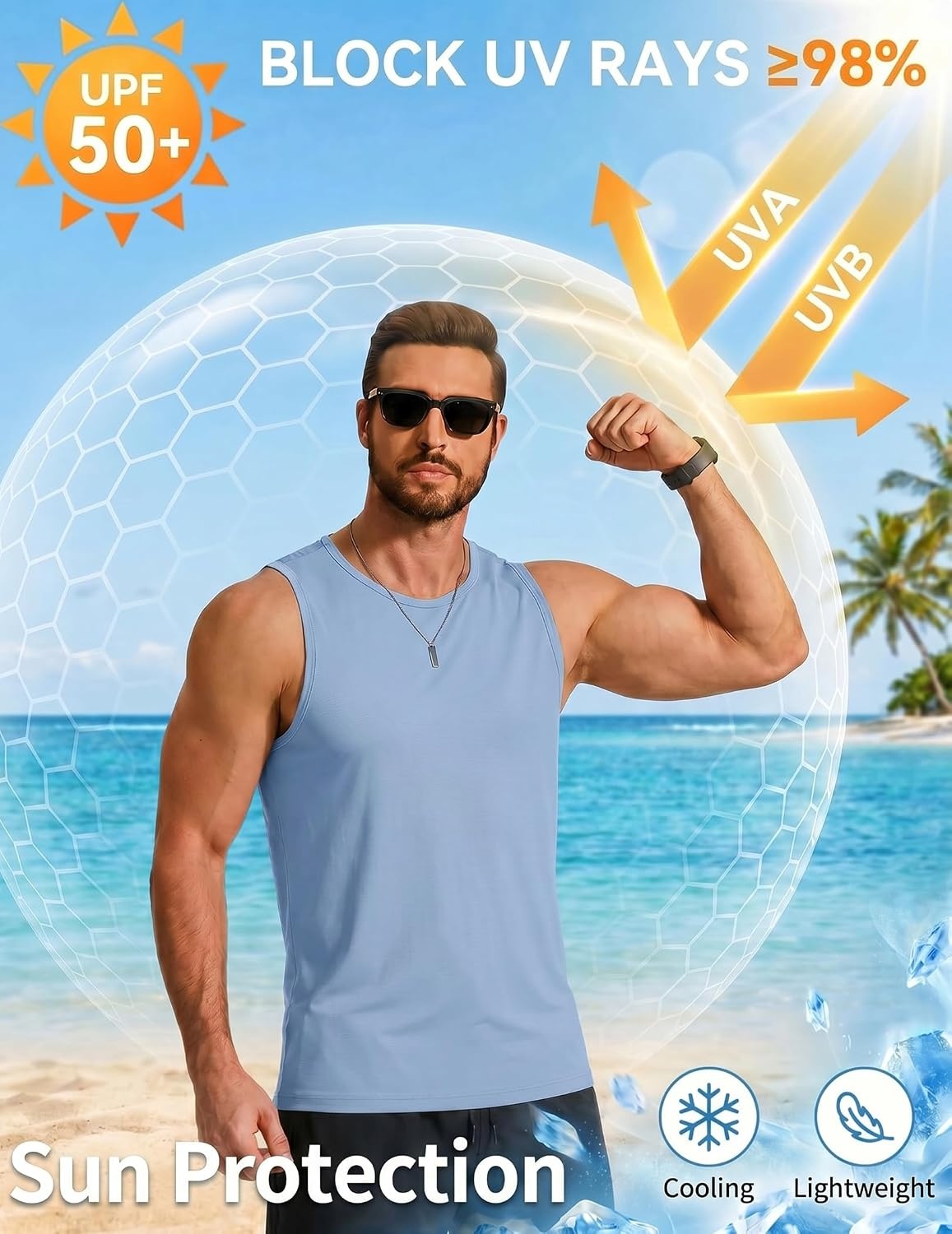 image:imageCOOFANDY Mens Workout Gym Tank Tops Quick Dry Muscle Sleeveless Shirts UPF 50 Running Summer Beach Athletic Swim ShirtLight Blue