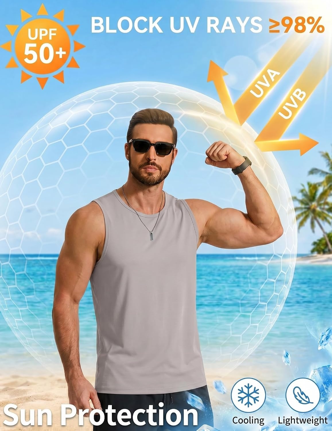 image:imageCOOFANDY Mens Workout Gym Tank Tops Quick Dry Muscle Sleeveless Shirts UPF 50 Running Summer Beach Athletic Swim ShirtLight Grey