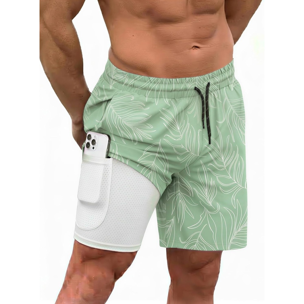 image:imageCOOFANDY Men Swim Trunk with Compression Liner 2 in 1 Swimwear Bathing Suit Quick Dry Board Short1 Print Green Leaves