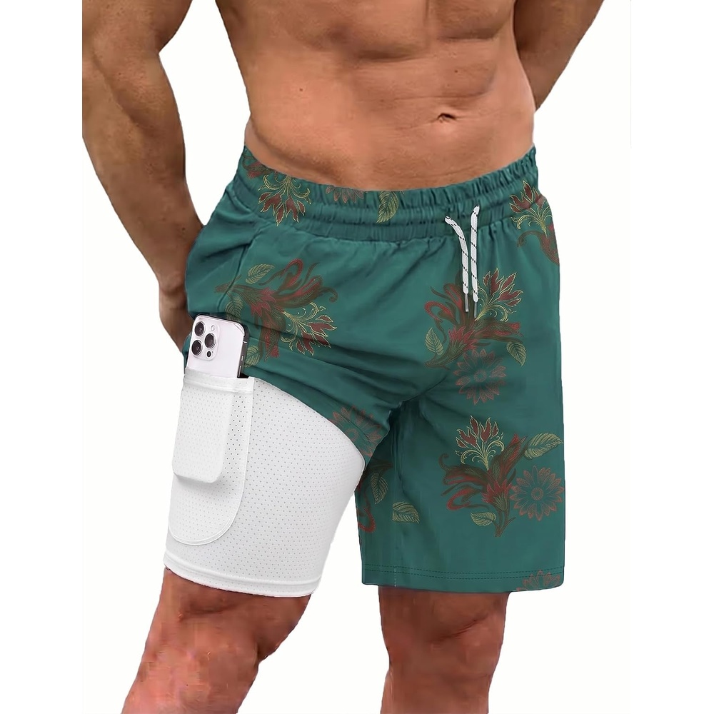 image:imageCOOFANDY Men Swim Trunk with Compression Liner 2 in 1 Swimwear Bathing Suit Quick Dry Board ShortP Army Green Flower