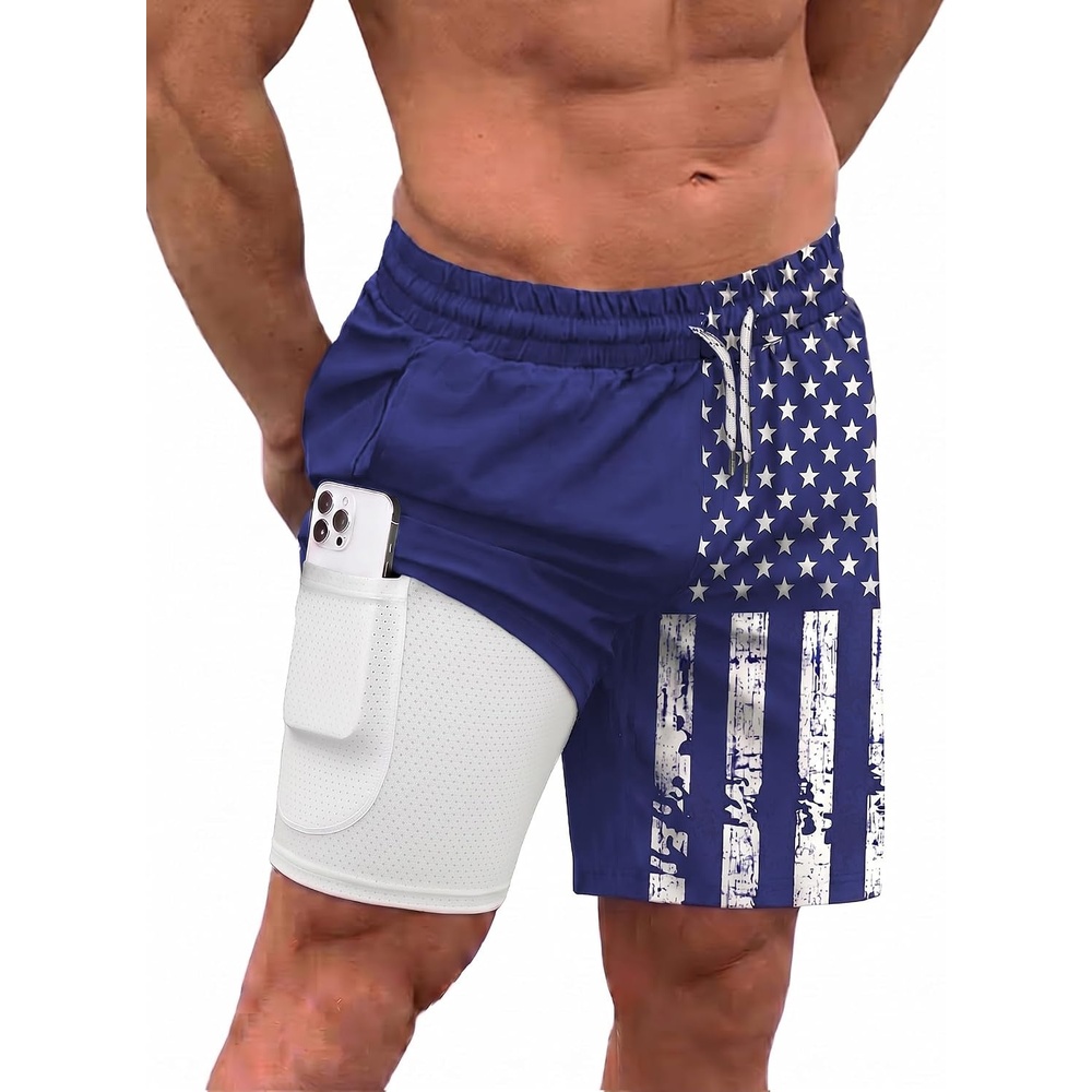 image:imageCOOFANDY Men Swim Trunk with Compression Liner 2 in 1 Swimwear Bathing Suit Quick Dry Board ShortPrint American Flag4
