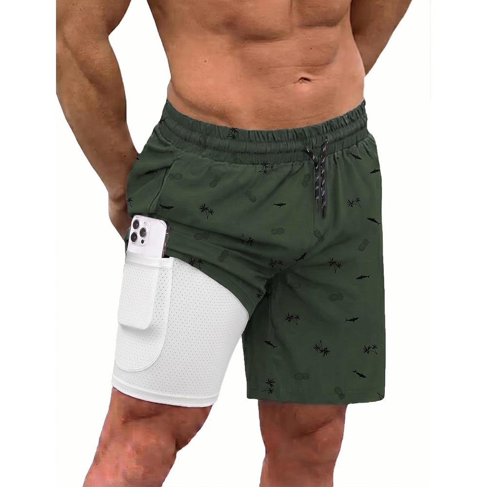 image:imageCOOFANDY Men Swim Trunk with Compression Liner 2 in 1 Swimwear Bathing Suit Quick Dry Board ShortPrinted Army Green