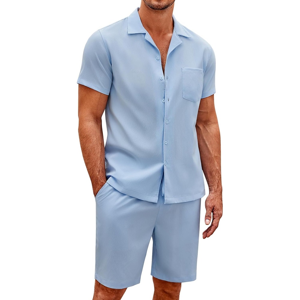 image:imageCOOFANDY Mens 2 Pieces Casual Beach Outfits Short Sleeve Button Down Shirts Summer Short SetBlue