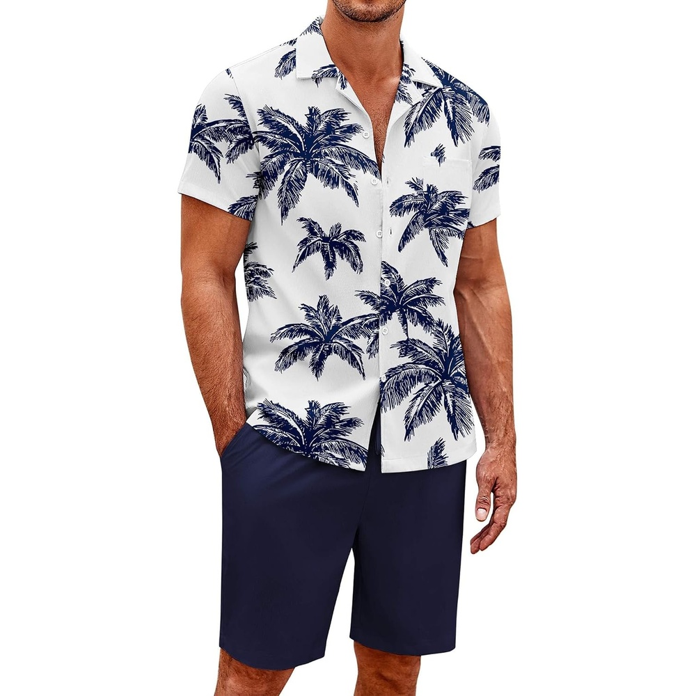 image:imageCOOFANDY Mens 2 Pieces Casual Beach Outfits Short Sleeve Button Down Shirts Summer Short SetCoconut Treewhite