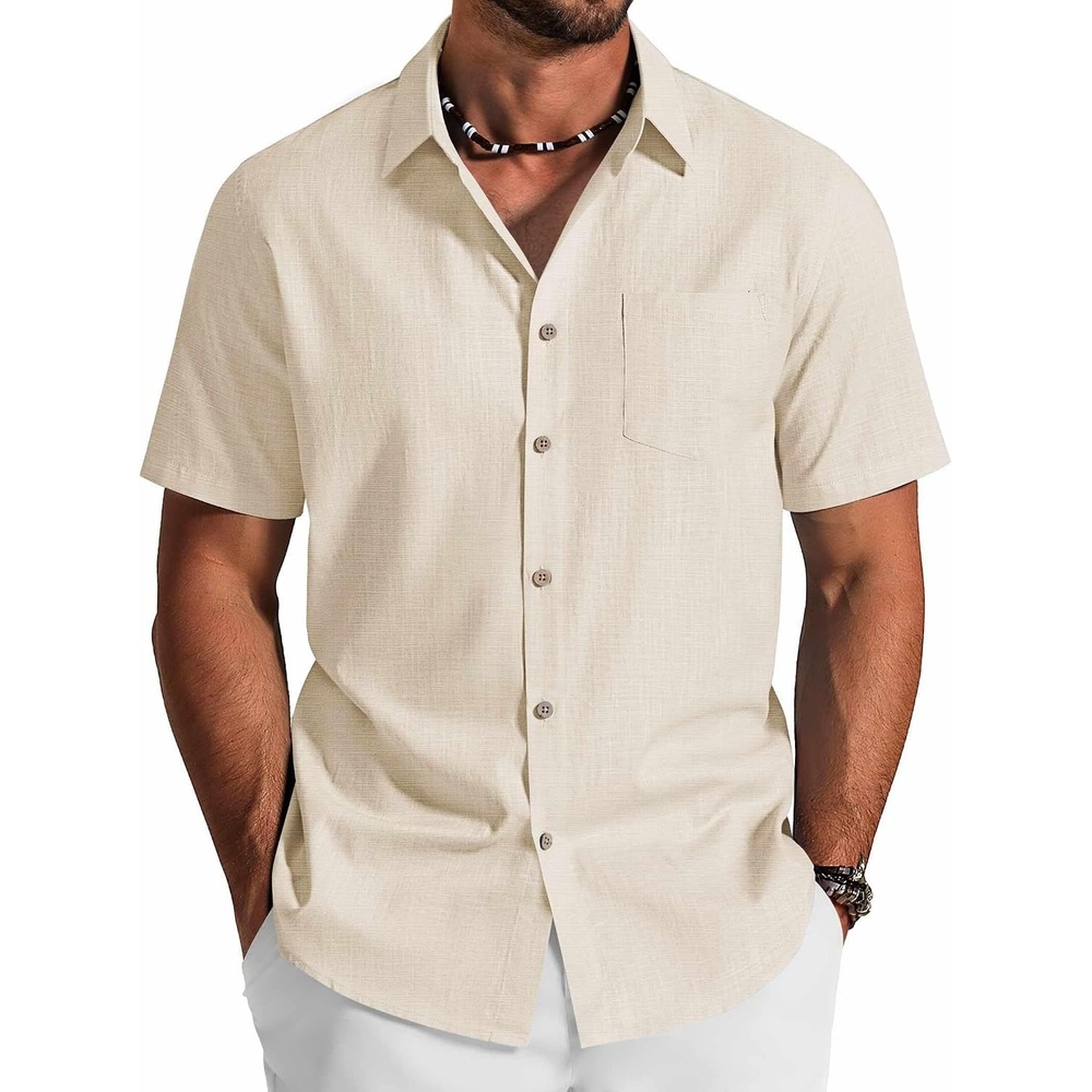 image:imageCOOFANDY Mens Button Down Shirt Short Sleeve Cotton Casual Summer Shirts Beach Vacation Linen Shirts for MenBeige