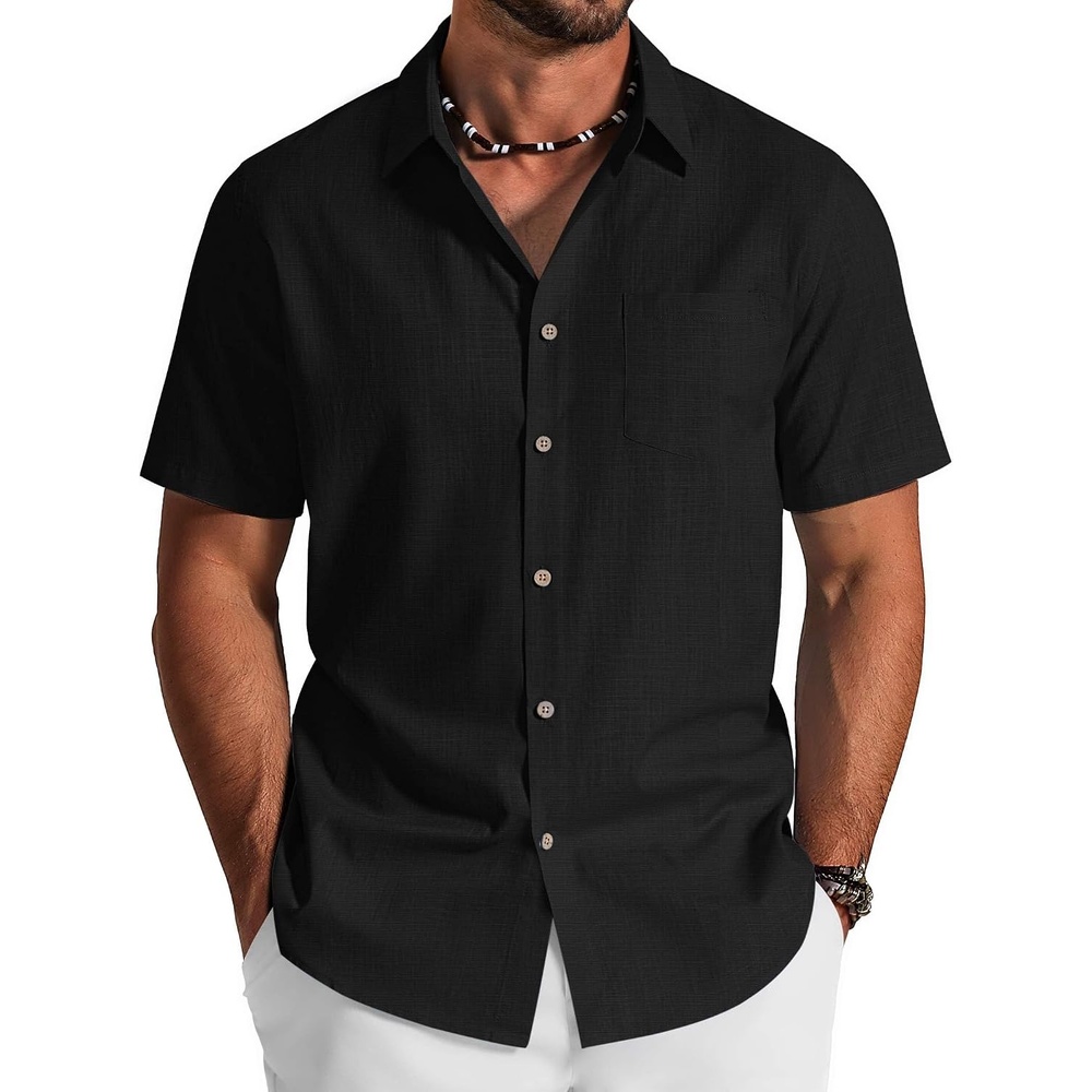image:imageCOOFANDY Mens Button Down Shirt Short Sleeve Cotton Casual Summer Shirts Beach Vacation Linen Shirts for MenBlack