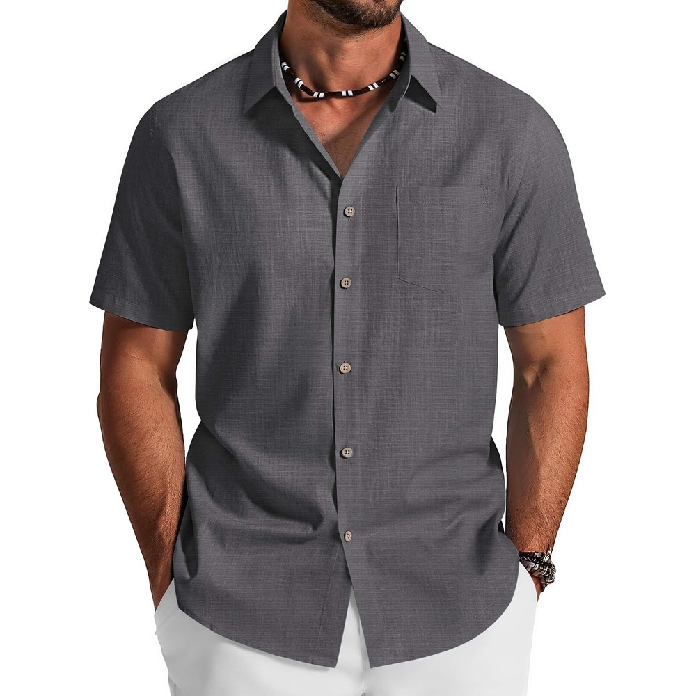 image:imageCOOFANDY Mens Button Down Shirt Short Sleeve Cotton Casual Summer Shirts Beach Vacation Linen Shirts for MenDark Gray
